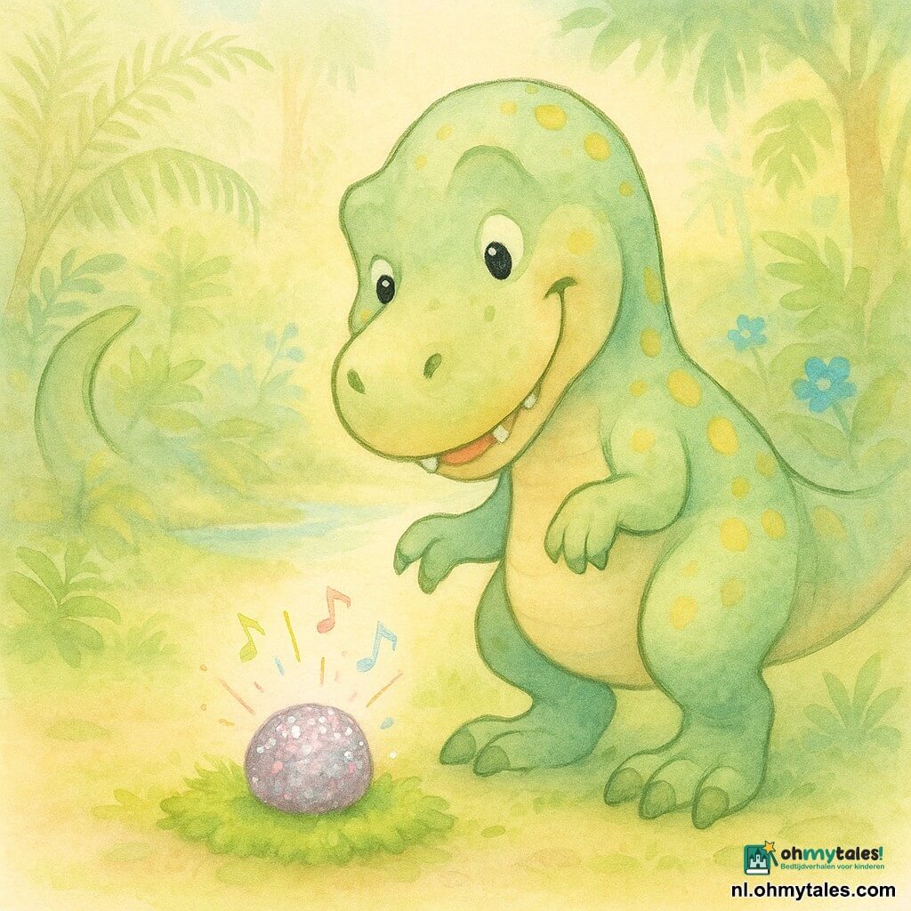 Een grote vriendelijke glimlachende Tyrannosaurus Rex met lichtgroene huid en gele vlekken, ronde glanzende ogen en een uitnodende houding met één poot opgeheven, toont een verwonderde, goedhartige expressie; zijn golvende staart en afgeronde tanden zijn niet bedreigend. Voor hem ligt een kleine ronde fonkelende steen met zilveren en roze glitters die trillende, muzikale tonen lijkt te geven, geplaatst op een groen moskleed. De scène speelt zich af in een zacht verlichte prehistorische open plek met hoge varens, grote groene bladeren, enkele blauwe bloemen en een glinsterende rivier op de achtergrond, in een vredige, magische aquarelachtige pastelstijl met zachte contouren.