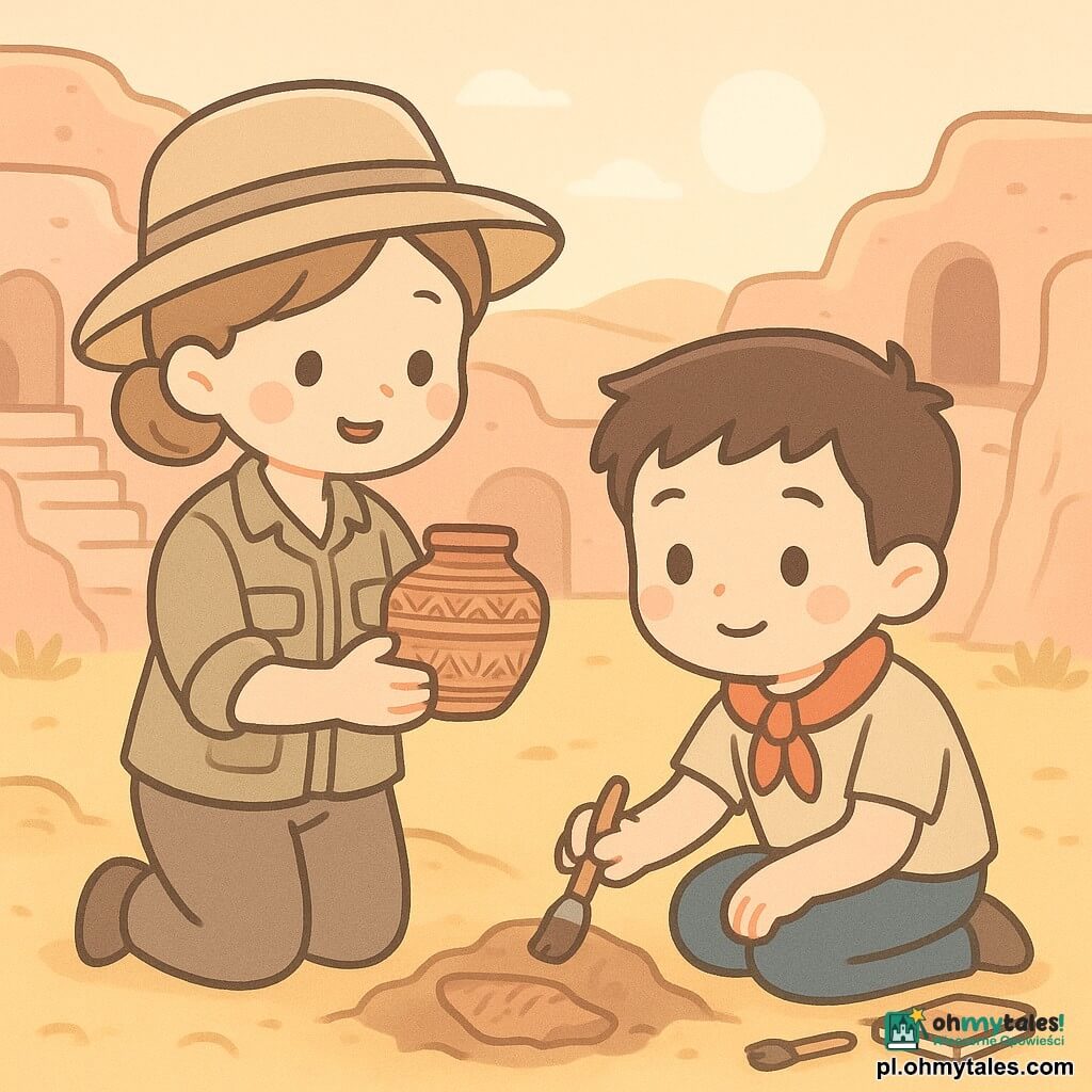 Uśmiechnięta archeolożka o jasnobrązowych włosach związanych w koku, w beżowym płóciennym kapeluszu, khaki koszuli z podwiniętymi rękawami i kamizelce z kieszeniami, trzyma delikatnie małe ceramiczne pudełko z grawerowanymi motywami; obok na kolanach klęczy młody mężczyzna Tomék (ok. 22 lata) z krótkimi czarnymi włosami, w koszulce i czerwonej chuście, szczotkując fragment ceramiki i patrząc na nią z podziwem. Miejsce: stary klasztor wyrzeźbiony w różowych klifach z pofałdowanymi łukami i wąskimi schodami, wokół złote wydmy i narzędzia archeologiczne (łopaty, pędzle, notesy). Główna scena: odkrycie pudełka ukrytego w skalnej szczelinie, zachodzące słońce łagodnie oświetla grawerunki; spokojna, magiczna atmosfera, pastelowe kolory, zaokrąglone rysy, styl kawaii minimal.