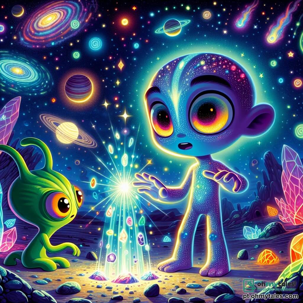 Zintar, um jovem Lumino com cores brilhantes de azul e roxo, e olhos cintilantes como estrelas, está maravilhado diante de um artefato luminoso. Seu rosto expressa intensa curiosidade, e seus braços estão estendidos em direção ao objeto misterioso que brilha na escuridão. Ao lado dele, uma pequena criatura com tentáculos verdes e amarelos, chamada Glim, observa com olhos redondos e fascinados, sua expressão é de excitação. Glim está sentada em uma pedra brilhante, um pouco recuada, mas pronta para se aproximar. O cenário é uma vasta cratera no planeta Luminus, com rochas cintilantes e plantas luminescentes que emitem uma suave luz. O céu está cheio de estrelas multicoloridas e nebulosas giratórias, criando uma atmosfera mágica e encantadora. A cena principal mostra Zintar tocando o artefato, provocando um holograma que se eleva no ar, revelando uma galáxia distante e um ser amigável, criando um momento de descoberta e admiração.