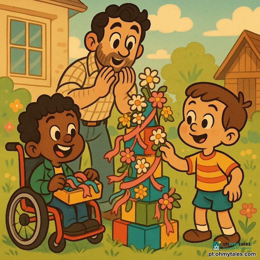 Há três personagens: Tomás, 5 anos, cabelo castanho curto, camiseta amarela com riscas vermelhas e calções azuis, à direita da torre, estende a mão para colocar uma flor; Miguel, 5 anos, cabelo preto encaracolado, veste uma pequena jaqueta verde e está numa cadeira de rodas vermelha brilhante à esquerda da torre, sorri e segura uma caixa de fitas; o pai, cerca de 35 anos, barba rala, camisa às quadrados bege e jeans, está atrás da torre, surpreendido e emocionado, com as mãos preparadas para aplaudir ou abraçar as crianças. Local: jardim ensolarado e colorido, relva verde, algumas flores selvagens cor-de-rosa e amarelas, uma velha casa ao fundo com uma grande janela e uma casinha de madeira (casa do bisavô), céu azul claro com poucas nuvens suaves. Situação principal: grande torre de blocos multicolorida decorada com flores frescas e fitas, ligeiramente inclinada mas estável, as crianças a terminam com alegria; luz quente do sol, sombras suaves, ambiente terno e festivo.