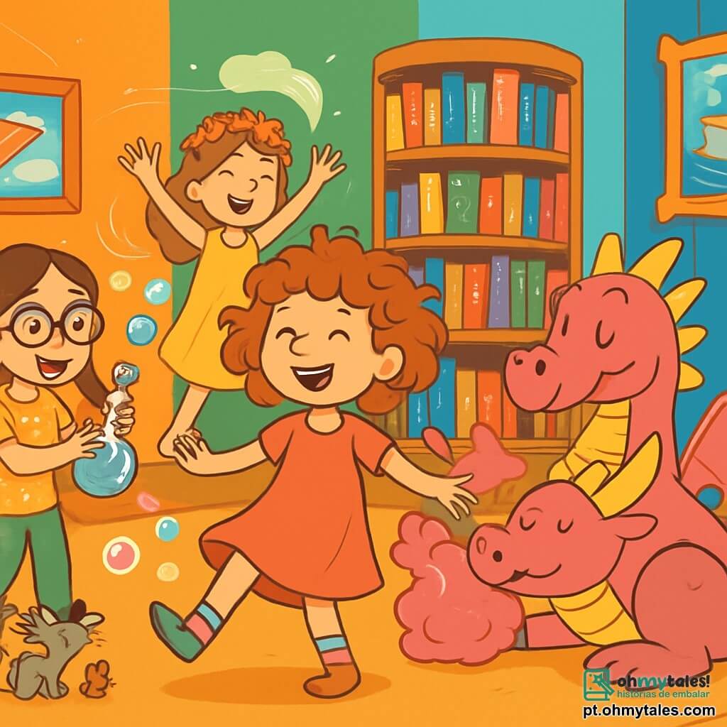 Há 4 personagens: Aurora, uma menina de 9 anos com cabelos cacheados e bagunçados, vestindo um vestido coral e meias diferentes, está no centro, sorridente e pronta para a aventura. Bibi, uma menina de 9 anos com óculos redondos e tranças, usa uma blusa de bolinhas e uma calça verde, está à esquerda segurando um frasco de poção que solta bolhas coloridas. Mel, uma menina de 9 anos com cabelos lisos e uma faixa na cabeça, veste uma túnica azul e um short, está à direita cercada por pequenos animais que a escutam atentamente. Lila, uma menina de 9 anos com cabelos ondulados e uma coroa de flores, usa um vestido amarelo e está um pouco atrás, acenando os braços para invocar uma brisa leve. O cenário se passa na sala principal da Torre dos Tropeços, onde paredes coloridas estão cobertas por tapetes voadores e quadros animados. No centro, uma imensa estante gira, cheia de livros cintilantes, enquanto um dragão de pelúcia rosa brilhante está ao lado, pronto para defender o Grande Livro das Coisas Importantes. A cena principal mostra as quatro amigas rindo e dançando ao redor do dragão de pelúcia, que sopra almofadas de perfume. Risadas ecoam no ar, enquanto bolhas de sabão flutuam ao redor, criando uma atmosfera alegre e mágica.