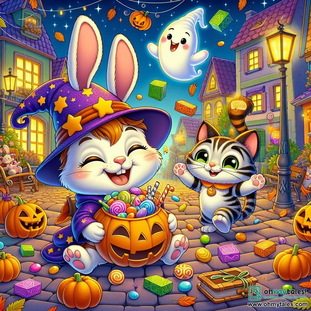 Benny, a small rabbit with big ears and soft fur, wears a wizard hat and shows a wide smile of excitement while holding a basket overflowing with colorful candies. Next to him, Mr. Whiskers, an old cat with sparkling eyes and striped fur, proudly holds a large pumpkin, while Gloria, a friendly ghost in a flowing dress with a warm smile, joyfully floats above them, surrounded by dancing books. The scene takes place on a lively street decorated for Halloween, with houses adorned with sparkling spider webs, glowing pumpkin lanterns, and autumn leaves swirling in the cool night air. Benny, Mr. Whiskers, and Gloria celebrate their victory after solving puzzles to collect candies, creating a joyful and magical atmosphere filled with laughter and camaraderie.