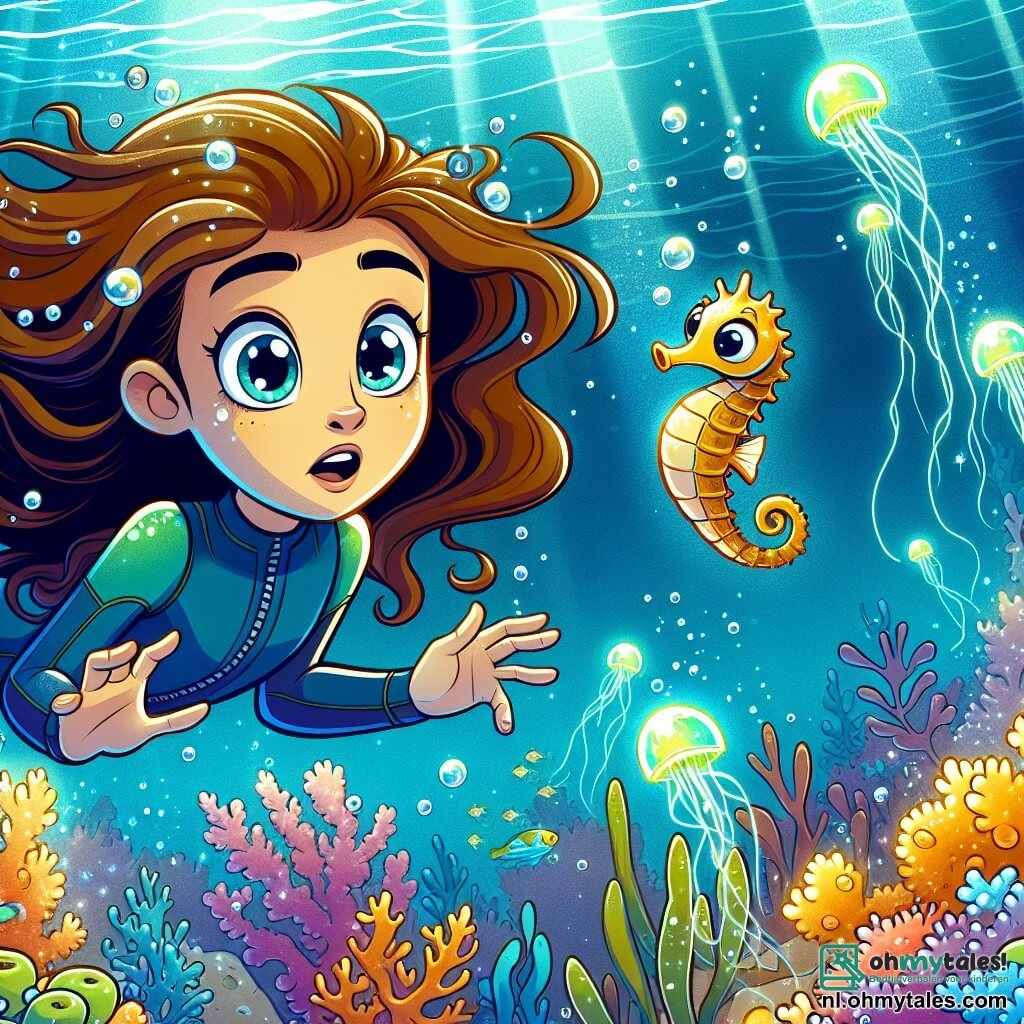 Een 10-jarig meisje, Nina, met lange bruine haren die in het water drijven, draagt een blauwe duikpak. Ze heeft grote, verbaasde ogen en een verwonderde glimlach op haar gezicht terwijl ze zwemt tussen kleurrijke vissen. Naast haar zwemt een kleine glimlachende zeepaard met een gouden tint en glinsterende schubben, vrolijk drijvend in het water. De achtergrond is een magische onderwaterwereld, gevuld met levendige kleurrijke koralen, luchtbellen die naar de oppervlakte stijgen en lichtstralen die door het water filteren en de zeedieren verlichten. Nina ontdekt een groep lichtgevende kwallen die om haar heen dansen, wat een betoverende en fascinerende sfeer creëert.