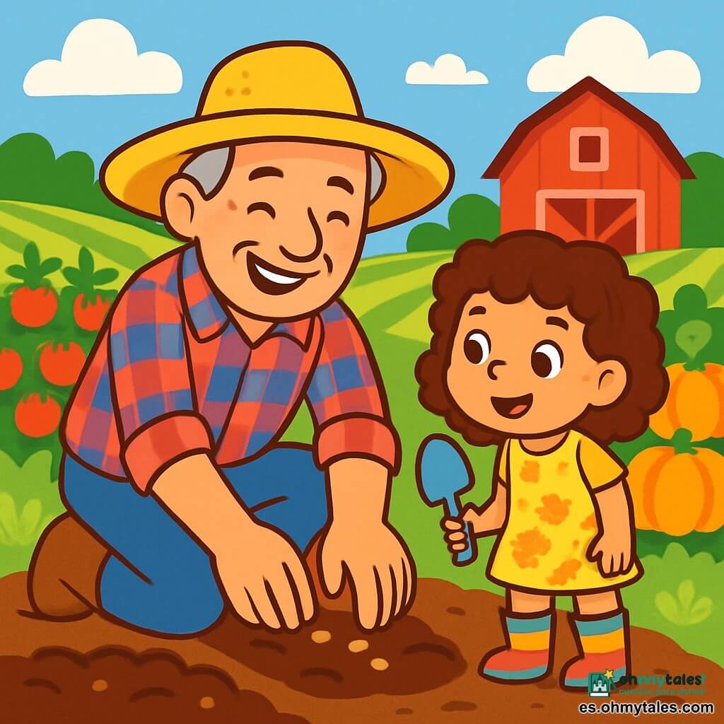 Un hombre de unos 50 años, con una amplia sonrisa cálida, lleva un gran sombrero de paja y una camisa a cuadros rojos y azules. Está agachado en un campo verde, con las manos en la tierra, plantando semillas con cuidado. A su lado, una niña de 8 años, con cabello rizado y ojos brillantes, observa con curiosidad, sosteniendo una pequeña pala de plástico. Ella viste un vestido amarillo con flores y lleva botas de goma coloridas. El lugar es una granja soleada, rodeada de campos de verduras coloridas, con filas de tomates rojos y calabazas doradas. Al fondo, hay un granero rojo brillante bajo un cielo azul salpicado de nubes blancas esponjosas. La escena principal muestra al hombre y a la niña trabajando juntos, compartiendo un momento alegre y cómplice mientras plantan semillas en la tierra fértil, simbolizando el amor por la naturaleza y el trabajo en equipo en la granja.