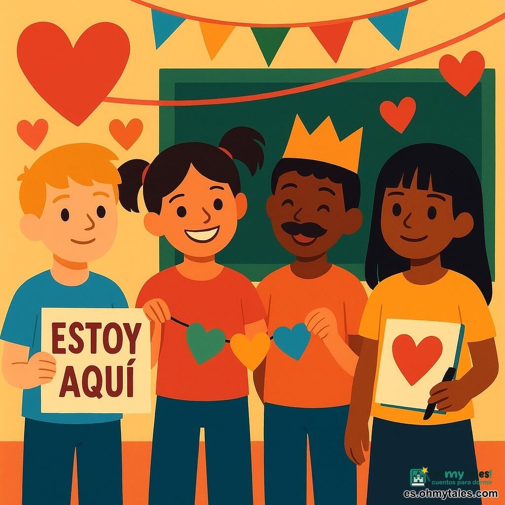 Una niña de 10 años, Luna, con cabello castaño en dos coletas ligeramente despeinadas, sonríe con una expresión de orgullo y alegría. Ella sostiene una guirnalda de corazones de papel de colores. A su lado, un niño de 10 años, Leo, con una sonrisa tímida, sostiene un cartel que dice "Estoy aquí". Tiene cabello rubio y lleva una camiseta azul. Otro niño, Dani, también de 10 años, lleva un bigote falso de cartón y una corona de papel, riendo alegremente. Se encuentra a la izquierda de Luna. A la derecha de Luna, una niña de 10 años, Amina, con cabello negro y un flequillo, sostiene un marcador y un cuaderno de dibujos. El fondo es un aula decorada para el Día de San Valentín, con corazones de papel y guirnaldas de colores colgadas en las paredes. El ambiente es festivo y cálido, lleno de colores vivos y sonrisas.