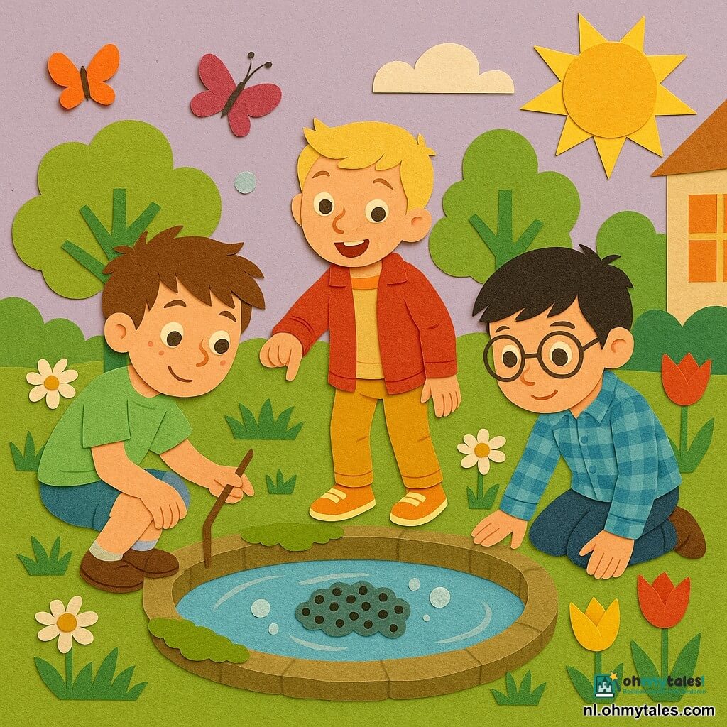 Drie jongens van 9 jaar: links een warrig bruinharig jongetje met sproeten, lichtgroen T‑shirt en spijkershort dat voorzichtig een tak vasthoudt en licht gehurkt bij de rand van de vijver; in het midden een blond jongetje met korte haren, rode jas en gele schoenen, staand en opgewonden wijzend naar het water; rechts een zwartharig jongetje met ronde bril en blauw geruit overhemd, knielend en kijkend naar kikkerdril. Opstelling in een klein lente-schooltuinhoekje achter een haag, gras met madeliefjes en papieren tulpen, ronde mosbegraste vijver met helder blauwig water, enkele waterlelies en zichtbare kransen kikkerdril, op de achtergrond papieren boomsilhouetten, lavendelhemel en een geel papieren zonnetje. Sfeervolle, vrolijke ontdekking van een geheimpje op het schoolplein, kinderen in halve cirkel rond de vijver, kleurrijk papierachtig werk met zachte slagschaduwen, fladderende vlinders en glinsterende waterbelletjes.