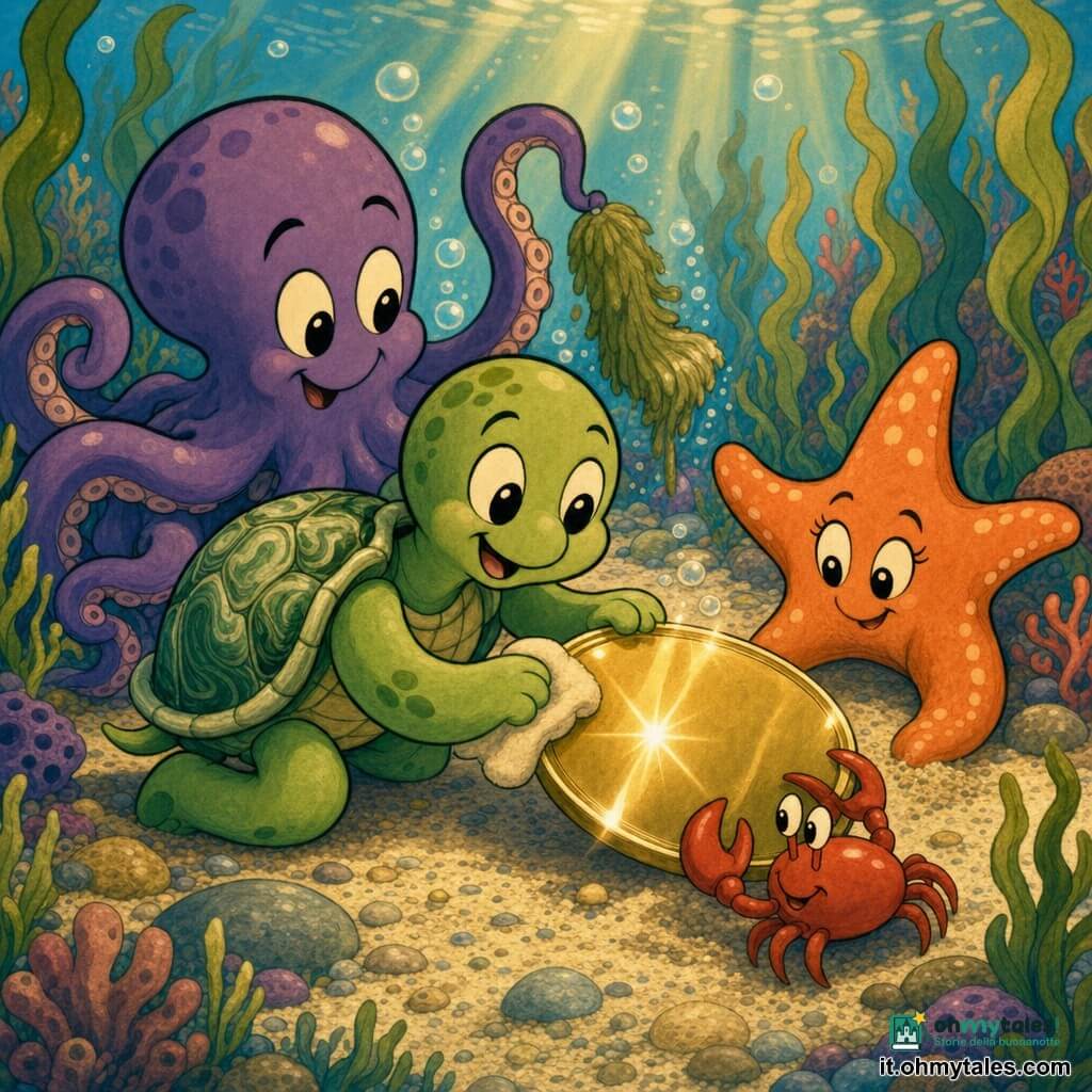 Una piccola tartaruga verde personaggio principale, viso rotondo e occhi grandi, sorridente e concentrata, carapace marmorizzato di verde chiaro e scuro, tiene delicatamente una lastra lucida con le zampe e la strofina piano; un polpo viola, Pipo, tentacoli morbidi e sguardo dolce e malizioso, usa un tentacolo come spazzola d'alga accanto alla tartaruga, leggermente dietro a sinistra; una stella marina aranciocorallo, Stella, occhi scintillanti e sorriso calmo, spinge delicatamente i granelli di sabbia con un braccio piatto davanti alla lastra a destra; un piccolo granchio rosso, Gino, chele sottili e sguardo attento, stabilizza la lastra tenendo un bordo con cautela in basso a destra vicino alle zampe della tartaruga; ambientato in un giardino di alghe sottomarino colorato con alghe lunghe e ondulate, ciottoli rotondi, bolle luminose e raggi dorati che filtrano nell'acqua; gli amici puliscono insieme la lastra sotto una roccia con gesti lenti e accurati in un'atmosfera calorosa e collaborativa, riflessi che cominciano a brillare sulla lastra.