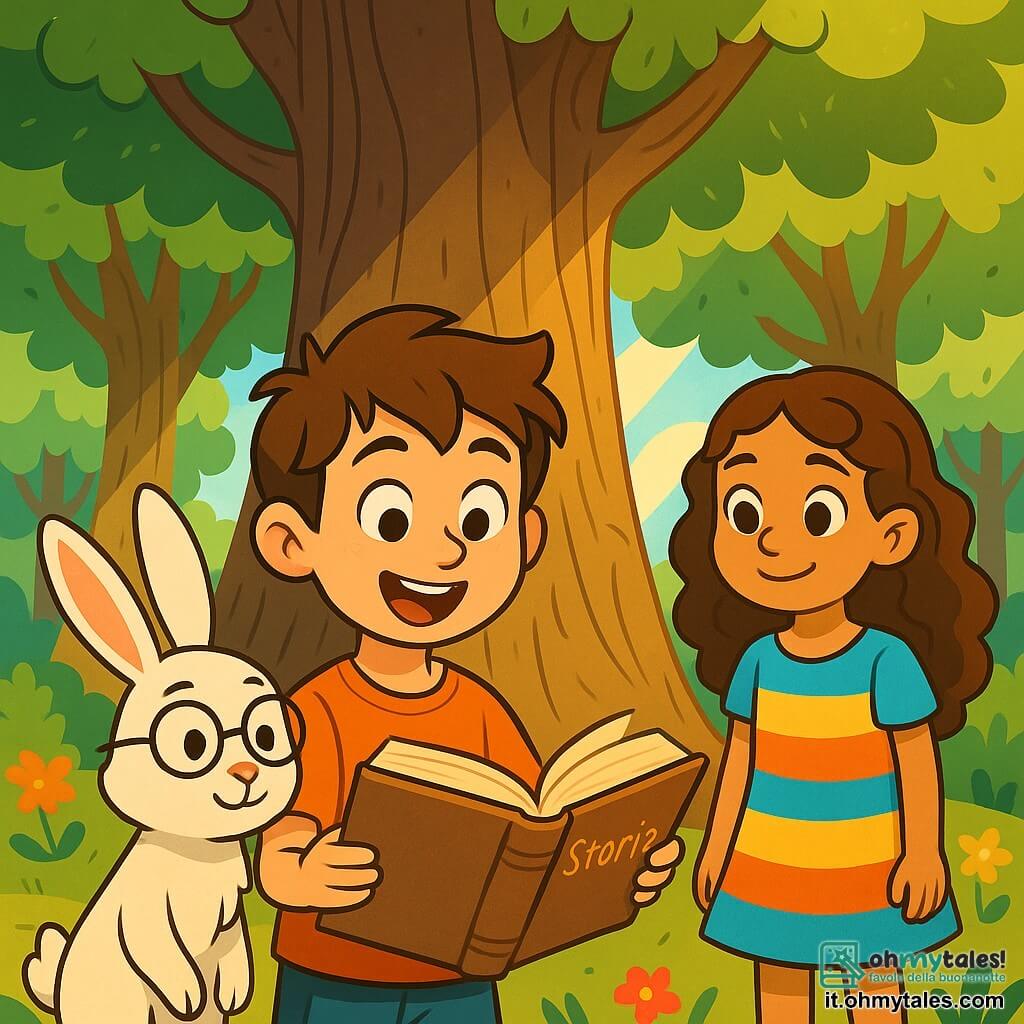 Un ragazzo di 10 anni, di nome Marco, con capelli castani e occhi pieni di curiosità, si trova davanti a un grande albero secolare. Il suo viso esprime meraviglia ed eccitazione mentre tiene in mano un libro antico, le pagine leggermente mosse dal vento. Accanto a lui, un coniglio parlante di nome Oliver, con un pelo bianco splendente e occhiali rotondi, osserva attentamente il libro, con le orecchie dritte. Più in là, una ragazza di 10 anni, Sofia, con lunghi capelli ricci e vestita con un abito colorato, guarda Marco con un sorriso incoraggiante, pronta ad aiutarlo in questa avventura. Il luogo è una foresta incantata, piena di alberi maestosi e foglie verdi brillanti, illuminata da raggi di sole che filtrano tra il fogliame. Fiori multicolori punteggiano il terreno, aggiungendo un tocco di magia all'ambiente. La scena principale mostra Marco, Oliver e Sofia riuniti attorno all'albero, mentre scoprono insieme il libro misterioso che li trasporta in un mondo fantastico, simboleggiando l'inizio del loro incredibile viaggio.