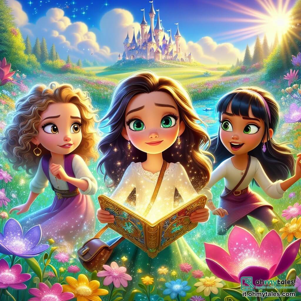 Al centro dell'immagine, tre ragazze coraggiose si trovano in un prato incantato. Lila, una ragazza di 10 anni con lunghi capelli castani e occhi scintillanti, sorride tenendo una mappa magica luccicante. Alla sua destra, Mia, una ragazza di 9 anni con capelli biondi ricci e occhi verdi, alza un sopracciglio con curiosità, guardando la mappa. A sinistra, Zoe, una ragazza di 11 anni con capelli neri e frangia, salta di gioia, le braccia alzate verso il cielo. Il prato è pieno di fiori luminosi dai colori vivaci, con petali che brillano come stelle. Il sole splende alto in un cielo blu brillante, e nuvole soffici danzano dolcemente. Sullo sfondo, si intravede un castello scintillante, dove un drago gentile, Rocco, veglia sulla mappa magica. Le ragazze stanno pianificando la loro avventura per trovare una tecnologia magica che potrebbe cambiare il loro mondo, circondate dalla bellezza fiabesca della natura.