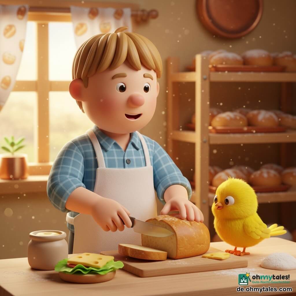 Lukas, freundlich lächelnd mit kurz hellbraunen Haaren und einem mehlbestäubten weißen Schürze über einem blau karierten Hemd, schneidet sanft eine goldene Brotscheibe; eine kleine, leuchtend gelbe, flauschige Vogeljunge mit großen neugierigen Augen sitzt am Tischrand und pickt leicht in die Kruste; keine weiteren Personen; die gemütliche Bäckerei mit hellen Holzregalen und glänzenden Kupferblechen, leicht mehlstaubig, wird von goldenem Morgenlicht durch ein großes Fenster mit Brötchenmuster-Vorhang durchflutet; gemeinsam bereiten sie ein Sandwich vor — geschnittenes Brot, Butterglas, schmelzende Käsescheibe und knackige Salatblätter auf dem Holztisch; sanfte Stimmung, Pastellfarben, runde glatte Texturen im niedlichen 3D-Spielzeugstil.