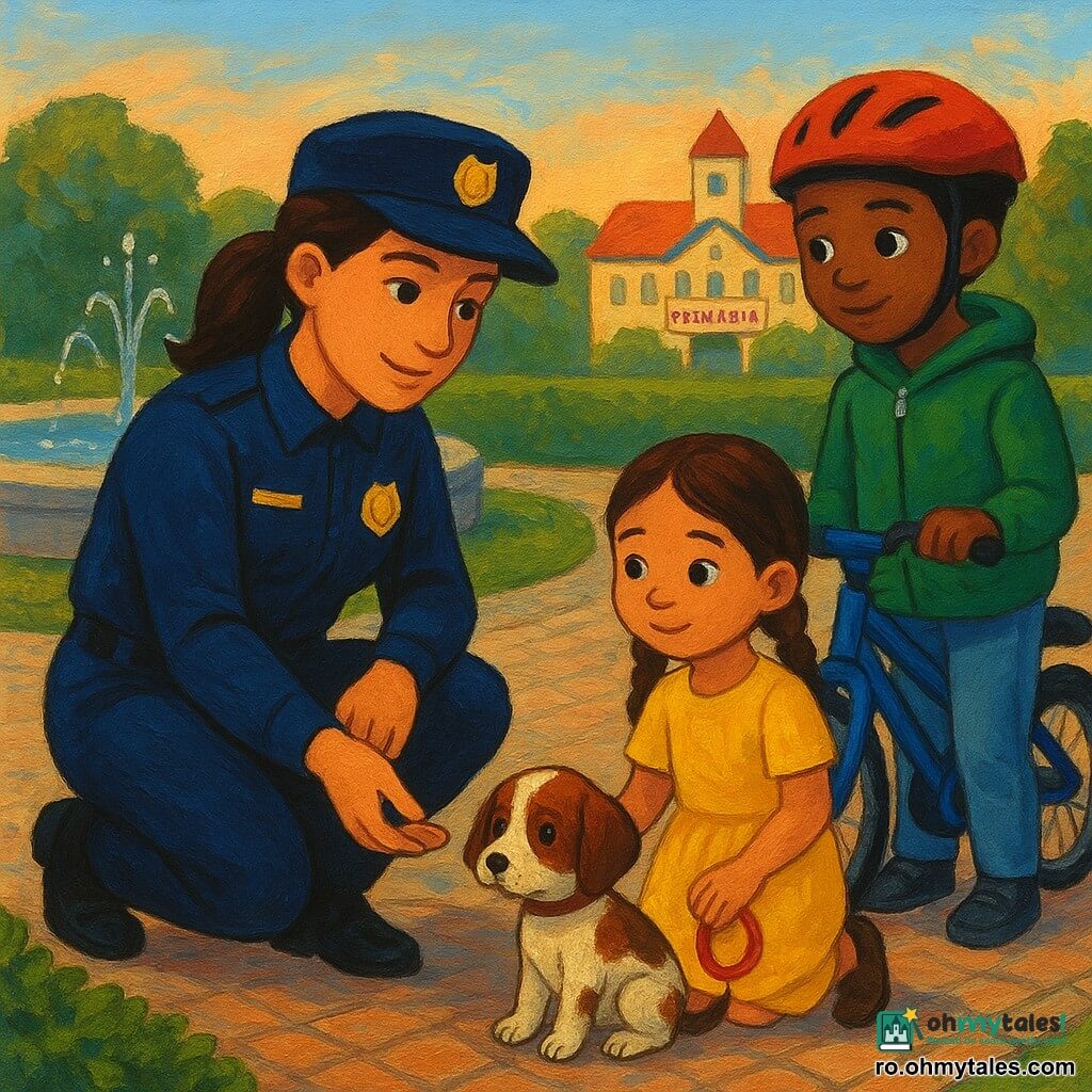 O femeie polițistă în jur de treizeci de ani, păr castaniu prins în coadă, uniformă bleumarin curată cu insigne strălucitoare, față calmă și binevoitoare, îngenunchează și întinde o mică gustare către un cățeluș, postură blândă și liniștitoare; o fetiță de ~7 ani, păr brun împletit, rochie galbenă, ține o lesă mică roșie și privește ușurată în prim-plan, stânga polițistei; un băiat de ~10 ani, cască de bicicletă prost fixată și geacă verde, stă în dreapta ușor retras, privire admirativă lângă o bicicletă; cățelușul "Pufi", mic, pătat brun și alb, urechi lăsate, privire timidă dar curioasă, se află în centru lângă un tufiș jos; locul este un sens giratoriu liniștit cu o fântână rotundă în fundal care aruncă picături sclipitoare, trotuar din piatră, gard viu tuns și un panou colorat al primăriei la distanță; lumină blândă de sfârșit de după-amiază, umbre lungi și tonuri calde; situație principală: reîntâlnire liniștitoare — polițista calmă ajută fetița să își recupereze cățelușul pierdut, atmosferă prietenoasă și sigură, detalii clare (pliurile uniformei, textura blănii, reflexia apei).