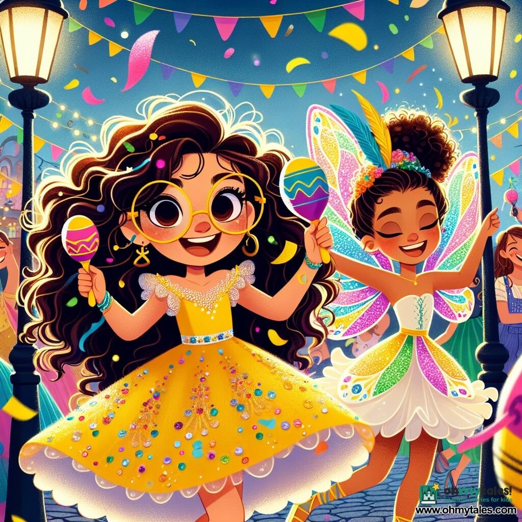 A 12-year-old girl, Maya, with round glasses and curly hair, wears a bright yellow dress adorned with sparkling sequins. She smiles excitedly, holding colorful maracas, her eyes sparkling with joy. Next to her, her best friend Yasmine, also 12, with shimmering cellophane fairy wings, dances energetically, her long hair flowing around her. The setting is a lively square decorated with colorful garlands and floating confetti, with illuminated street lamps casting a warm glow on the scene. People in vibrant costumes dance and laugh around them, creating a festive atmosphere. The main situation shows Maya and Yasmine at the heart of a carnival, where Maya enthusiastically plays the maracas, leading the crowd in a joyful, impromptu dance, while laughter and music fill the air.