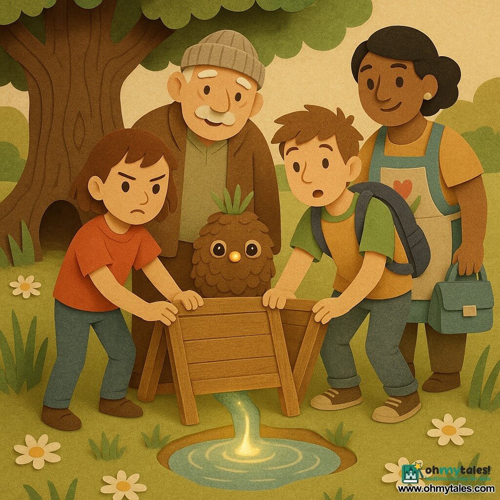 The main character is Moss, a small pinecone-shaped creature with a fuzzy body, shiny button eyes and a tuft of grass-green hair; they look determined and warm and gently rest a tiny hand on a carved folding wooden sign. To Moss’s left stands Juno, an about 11-year-old girl with short brown hair, a curious gaze and furrowed brow, confidently placing her hand on the sign. To Moss’s right is Eli, an older boy in a mismatched T-shirt and backpack, surprised but reassured, leaning forward with hands ready to join. Behind them, Grandad Stan, an elderly man in a wool hat with a white mustache, smiles softly and rests a hand on Juno’s shoulder, solid and protective. Mrs. Patel, a middle-aged woman in a colorful apron holding a lunch bag, stands at the rear right with hands on her hips, kindly and proudly watching. The setting is a park with paper-like textured ground, cut-out tall grasses and scattered daisies, a gnarled old oak trunk with a cavity where the sign rests, and a small glowing pool at the tree’s base emitting a sparkling ribbon of light. The scene shows the small adventurers gathered at the oak around a wooden sign pointing to three paths, all placing a hand on it with a shared look of decision and warmth, lit by a ribbon of light winding from the sign along the path.