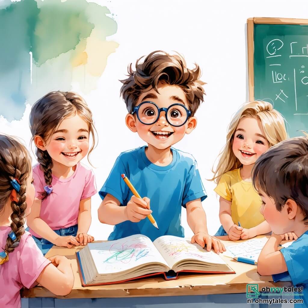 Een 9-jarig jongetje, Sam, met rommelig bruin haar en ronde bril, glimlacht vrolijk terwijl hij een potlood en een schetsboek vasthoudt. Hij draagt een blauwe t-shirt en groene shorts en zit aan een klaslokaal tafel, omringd door zijn klasgenoten. Naast hem lacht Lisa, een 9-jarig meisje met gevlochten blond haar en een roze t-shirt, terwijl ze een pagina van hun stripverhaalproject laat zien. Ze is vol energie en lijkt zeer enthousiast. Achter hen zijn de 9-jarige tweelingbroers Bram en Rens druk in gesprek, de een in een rood voetbalshirt en de ander in een gele t-shirt. Ze zitten iets verderop op stoelen, maar leunen naar Sam en Lisa toe, geïnteresseerd in hun werk. De scène speelt zich af in een heldere klaslokaal, met muren versierd met kleurrijke tekeningen en inspirerende posters over gelijkheid en samenwerking. Het zonlicht komt door de ramen binnen, wat een warme en uitnodigende sfeer creëert. De hoofdactie toont Sam en zijn vrienden die samenwerken aan hun stripverhaalproject, wat het belang van gendergelijkheid en samenwerking illustreert, met glimlachen en uitwisselingen van creatieve ideeën.