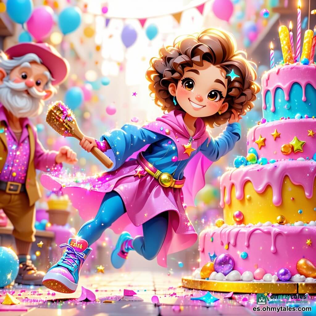 Lucía, una niña de cabello rizado y dorado, lleva un brillante traje de superheroína en colores vivos de rosa y azul. Tiene una gran sonrisa alegre y ojos chispeantes de emoción, lista para saltar al aire. Sus zapatillas, unas deportivas brillantes, están adornadas con clips que parecen mágicos. A su lado, Don Pancito, un hombre de unos 60 años con una barba blanca y un delantal de panadero, mira a Lucía con admiración. Sostiene una espátula de madera y está justo debajo del Gran Pastel, un enorme pastel colorido que rebota en el aire. La escena tiene lugar en la vibrante Plaza Gluglú, llena de risas de niños, flores coloridas y bancos de madera. Globos flotan en el cielo azul y las palmeras bailan suavemente al viento. Lucía salta con entusiasmo justo cuando el Gran Pastel rebota sobre su cabeza, creando una explosión de crema y confeti, mientras los niños a su alrededor ríen y aplauden.