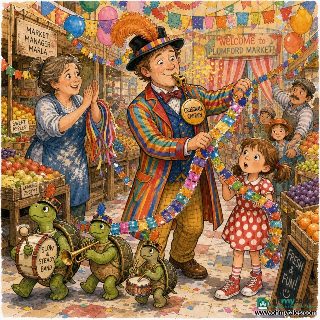 A smiling, kind Mr. Pippin Plod wears a colorful striped coat, a hat with a large orange feather, a shiny round "CROSSWALK CAPTAIN" badge, and blows a small cloud of lemon-yellow confetti while guiding people with a brass whistle as he untangles and uncoils a long shiny paper garland wrapped around stalls and hats; to his right Clara, a curious 7-year-old girl with brown pigtails, a polka-dot dress and red sneakers, helps hold a loop of the garland, while Market Manager Marla, about 40 with tied brown-gray hair and a flour-stained blue apron, stands left behind a fruit stall holding a neat bundle of ribbons and applauding relieved; three mascot turtles of varying sizes march slowly in a line in the foreground left carrying tiny band instruments for a comic touch; the setting is a bright covered market with tiled floors, colorful paper garlands hung in arcs, wooden stalls piled with shiny fruit, floating balloons and a large striped curtain at the back, with visible ink textures, soft shadows and saturated colors, the lively, warm and funny composition centered on the heroic man and the garland forming a curved line that leads the eye through the scene.