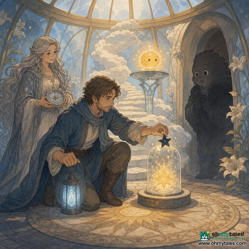 Erian, an adult man with a gentle, slightly tired face, determined gaze and bright eyes, kneels before a cloud staircase holding a pale blue lantern and carefully placing a small dark star to bring it close to a warm golden star under a glass dome; Mirra, an adult woman with floating silver-gray hair and a calm, wise face, stands slightly behind to the left watching the reunion while holding a shimmering silver compass; Saffron-Hush, a nonhuman secondary character, is the bright half of the star—a small honey-gold glowing sphere—floating above a glass pedestal with a soft balanced light; Hearth, another secondary character in a protective rounded silhouette of soft soot with blurred edges, remains respectfully back near the door, showing surprise and relief; the setting is the interior of an upside-down teardrop tower, a low circular chamber with smooth stone floor, a sun-patterned woven rug, walls of glass lines and pale lilies, mixed golden and blue light filtering through a dome, creating a warm, intimate, mysterious atmosphere; the key moment is the dark star and the golden star nearing and beginning to merge, emitting a blended gold-and-night halo with fine sparkles like spun sugar, the characters showing relief, wonder and gentleness; centered composition, contrasting gold and midnight-blue colors, soft paper-and-brush textures, warm focused lighting on the stars.