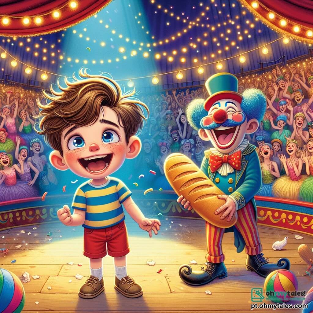Um menino de 6 anos, Pedrinho, com cabelos castanhos bagunçados e um grande sorriso maravilhado, está no centro de uma pista de circo. Ele usa uma camiseta listrada azul e amarela, além de shorts vermelhos, segurando uma baguete gigante, com os olhos brilhando de alegria e excitação. Ao lado dele, um palhaço divertido, de cerca de 30 anos, com um nariz vermelho redondo e uma peruca azul, faz caretas enquanto segura um pequeno guarda-chuva colorido, rindo da situação. Ao fundo, artistas em trajes vibrantes, como acrobatas em tutu e malabaristas com bolas coloridas, contribuem para a atmosfera festiva. O local é uma grande tenda de circo, decorada com luzes cintilantes, com assentos de madeira cheios de espectadores sorridentes. A cena principal mostra Pedrinho rindo enquanto uma chuva de confetes coloridos cai ao seu redor, criando uma atmosfera mágica e alegre.
