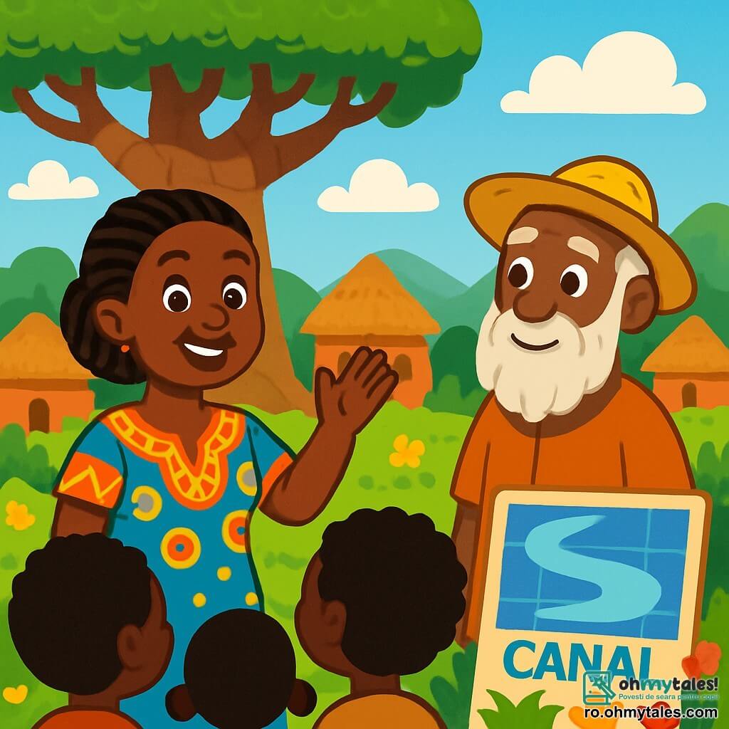 Amina, o femeie africană de aproximativ treizeci de ani, stă sub un baobab majestuos, cu un zâmbet cald și ochi strălucitori de înțelepciune. Poartă o rochie colorată cu motive tradiționale, iar părul îi este împletit cu grijă. Ridică o mână prietenoasă în timp ce vorbește cu sătenii. Un bătrân înțelept, un bărbat de aproximativ 70 de ani, cu o barbă lungă și riduri care spun povești, stă lângă Amina, ascultând-o cu atenție. Poartă o tunică simplă și o pălărie din paie, privindu-o pe Amina cu admirație. Locul este un sat african pitoreasc, cu case din lut și acoperișuri de stuf, înconjurat de câmpuri verzi și flori colorate. Cerul este de un albastru strălucitor, presărat cu nori albi pufoși. Amina propune o soluție pentru a împărți apa unui pârâu, în timp ce sătenii, adunați în jurul ei, ascultă cu interes și speranță, pregătiți să colaboreze pentru a construi un canal.