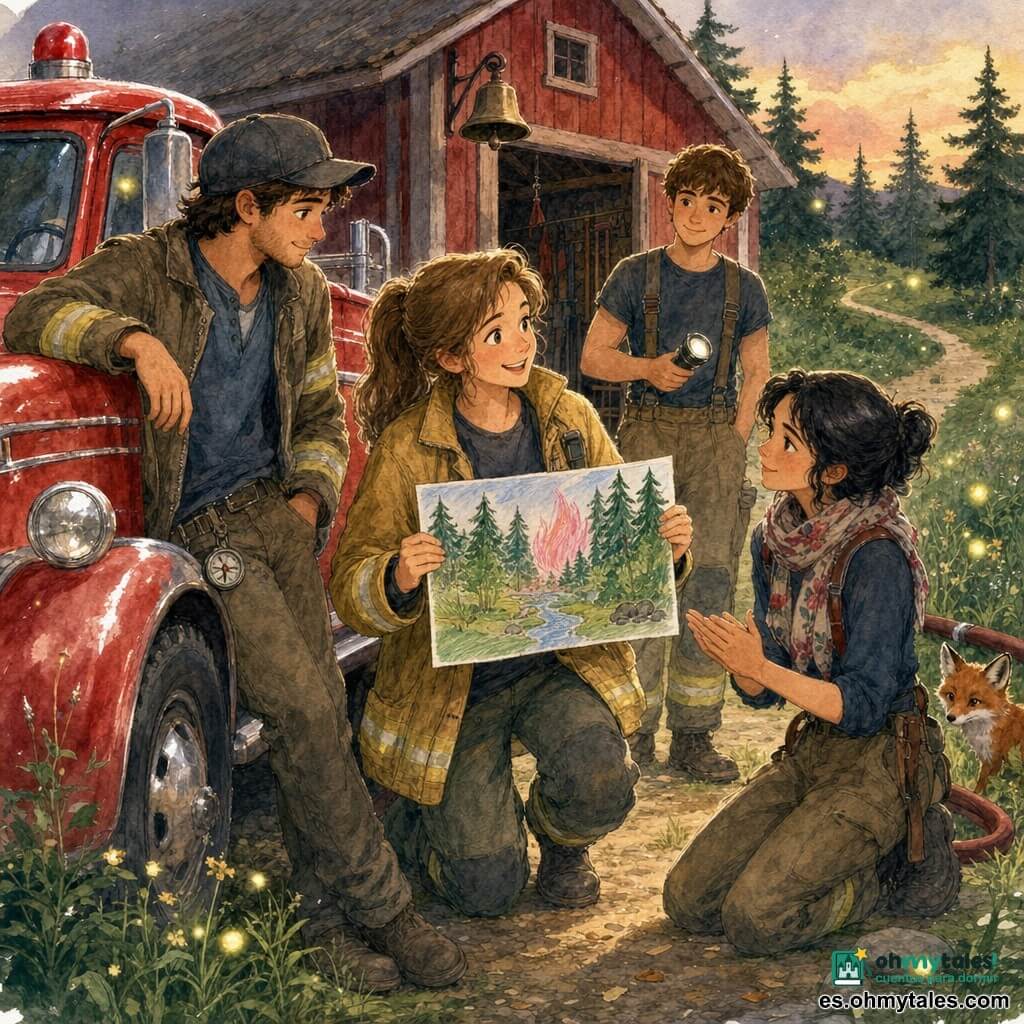 Ana, bombera sonriente con coleta castaña clara y chaqueta amarilla con franjas reflectantes gastadas muestra un gran dibujo colorido del bosque y el arroyo con un fuego rosa para hacerlo menos temible; a la izquierda Miguel, unos 25 años, moreno con gorra y una brújula en el cinturón, apoya en el camión rojo escuchando; a la derecha Lucía, unos 22, pelo negro y pañuelo floral, arrodillada aplaude suavemente con una manguera detrás; Tomás, joven de complexión fuerte, sostiene una linterna cerca de la entrada de la pequeña estación roja sobre una colina; al fondo pinos verde oscuro, un camión brillante, herramientas y una vieja campana metálica; un zorro rojo curioso asoma de un matorral junto al sendero; escena de una clase tranquila al atardecer con luz dorada y luciérnagas nacientes, estilo acuarela de colores suaves, textura de papel visible y toques de bolígrafo gel blanco en reflejos, atmósfera cálida y reconfortante.