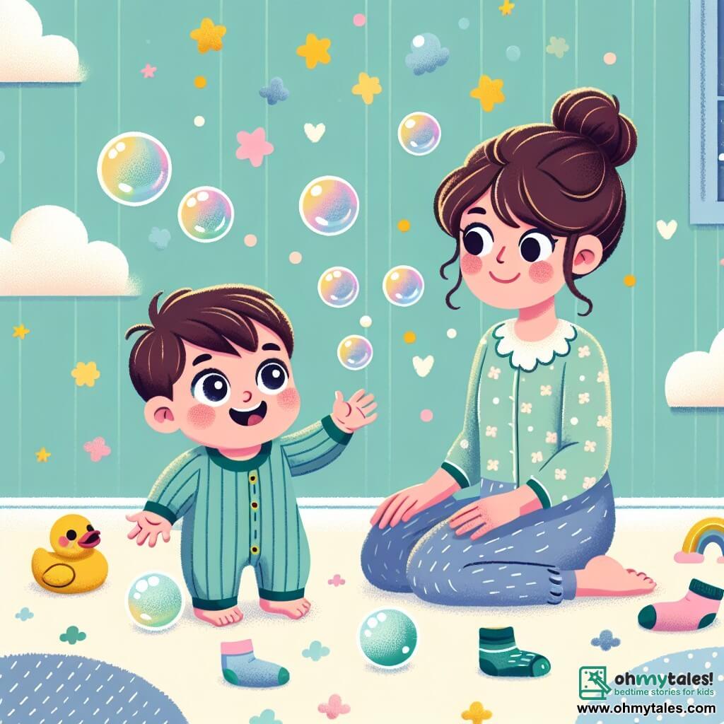 A one-year-old boy with bright eyes and a beaming smile is sitting on the floor, surrounded by colorful bubbles. He is wearing a blue and green striped pajama and reaching out to the bubbles with a look of joy and wonder. Next to him, his mother, a woman in her thirties with brown hair in a bun, gentle eyes, and an amused smile, looks at her son with tenderness while leaning slightly forward. The scene takes place in a cozy room decorated with pastel walls featuring stars and clouds. A fluffy rug is spread on the floor, and scattered toys add a touch of magic. The little boy is happily playing with the bubbles floating around him, while bouncing socks and rubber ducks dance joyfully around him, creating a playful and enchanted atmosphere.