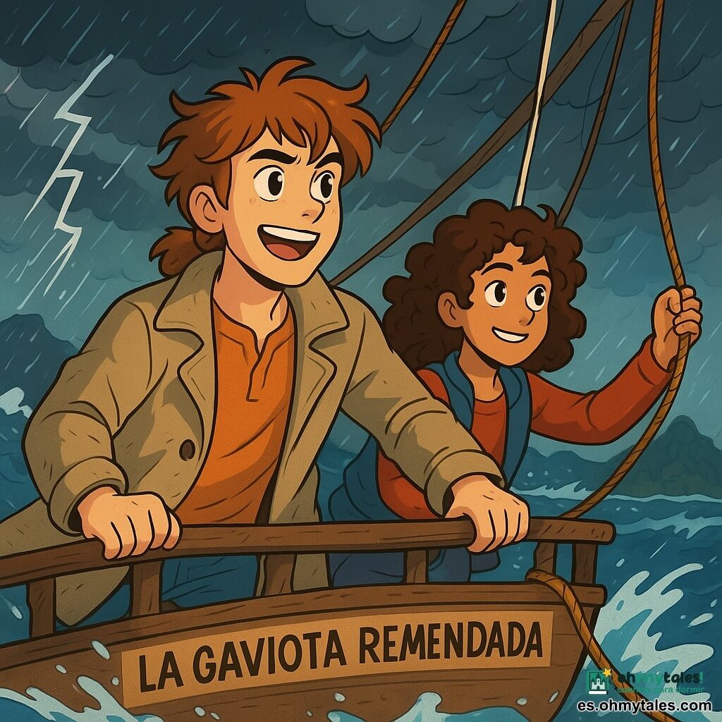 Un joven, Álvaro, de unos 16 años, está en el puente de su barco, La Gaviota Remendada. Tiene el cabello desordenado, una pequeña coleta y lleva una gran chaqueta de lona. Su rostro refleja emoción y determinación, con los ojos brillantes mirando el horizonte. A su lado, Jimena, una chica de 15 años con cabello rizado y una sonrisa traviesa, sostiene firmemente una cuerda, lista para ayudar. Tomás, un chico de 14 años con gafas redondas, observa atentamente un mapa con una expresión de intensa curiosidad. Al fondo, el cielo está tormentoso, con nubes oscuras y relámpagos, mientras que olas tumultuosas golpean el barco. La escena principal muestra a Álvaro y su equipo luchando contra una tormenta, con el viento aullando a su alrededor, mientras se esfuerzan por mantener el control del barco, decididos a alcanzar la misteriosa isla que aparece a lo lejos.