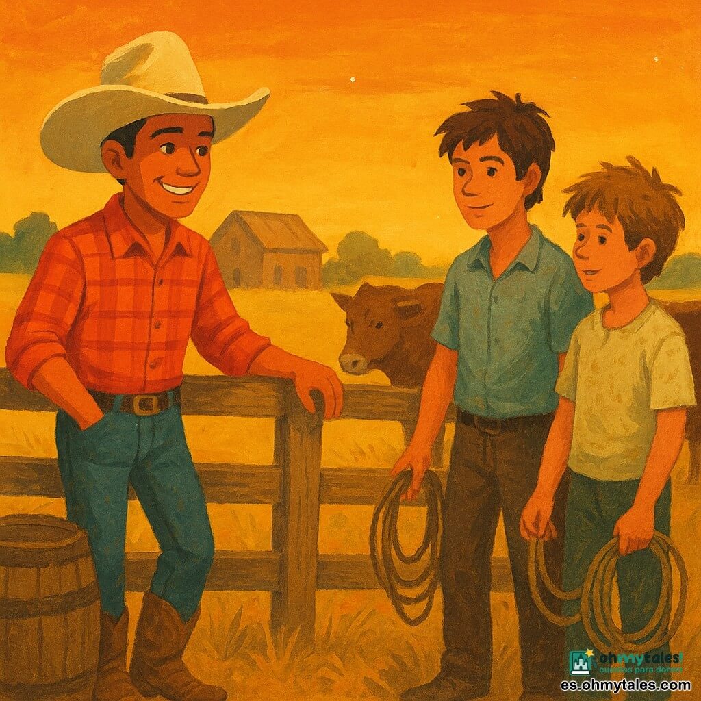 Joven vaquero valiente de piel bronceada y ojos vivos, con gran sombrero beige, camisa de cuadros roja y botas polvorientas, sonriendo junto a una valla de madera; Charlie, hombre mayor de unos 70 años, rostro arrugado y cabello gris, con chaqueta marrón, sentado en un barril a la izquierda; dos chicos (16 y 12 años) de cabello despeinado y ropa gastada pero limpia, sosteniendo cuerdas a la derecha junto a vacas tranquilas; pequeño corral polvoriento al atardecer con cielo naranja, hierba seca y casas de madera difuminadas; ambiente de cooperación y esperanza porque el vaquero ofrece una solución pacífica; composición centrada en la interacción, colores cálidos y texturas de gouache, trazos simples y expresivos, apto para niños.