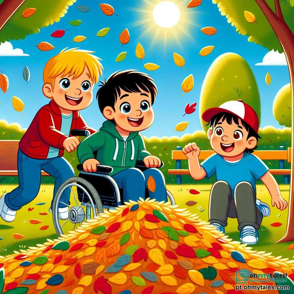 Em um parque ensolarado, três amigos brincam juntos. Miguel, um garoto de 10 anos com cabelos castanhos e óculos, está sentado em sua cadeira de rodas, sorrindo alegremente. À sua direita, Lucas, um garoto de 9 anos com cabelos loiros e olhos brilhantes, corre em direção a uma grande pilha de folhas coloridas. À esquerda, Tomás, um garoto de 10 anos com cabelos negros e um boné vermelho, se agacha atrás de uma árvore, pronto para pular nas folhas. O parque é cheio de árvores majestosas com folhas verdes, e o chão está coberto de folhas douradas e vermelhas que caem suavemente. O céu é azul com algumas nuvens brancas, e uma brisa suave faz as folhas dançarem. Os três amigos estão prestes a pular juntos em uma enorme pilha de folhas, rindo e se divertindo, ilustrando a alegria da amizade e a felicidade de brincar juntos, não importa as diferenças.