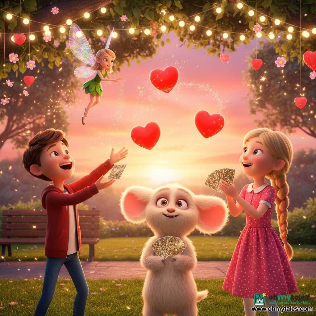 Four characters: Max, 11, short brown hair, red jacket and blue jeans, laughing and throwing a sparkling card to the right (front left); Lily, 11, blond braid, pink polka-dot dress, clapping and holding glittering cards (front right); Tilly, a tiny fairy the size of a pencil with rainbow translucent wings and a shiny green dress, hovering above and sprinkling a trail of gold dust; Huxley, the Heart Juggler, a cream-furred, plush-eared creature with round mischievous eyes at center, juggling several shiny red hearts. Setting: a park at sunset with green lawn, paved path, wooden bench, heart-shaped decorations and string lights in the trees, a pink-orange sky, small glowing flowers and floating magical sparkles. Main scene: joyful, dynamic composition centered on Huxley tossing gleaming hearts, Tilly spreading gold dust, Max and Lily laughing and playing with sparkling cards; warm colors, strong contrasts, soft sunset lighting, 3D cartoon film animation style, festive friendly atmosphere.