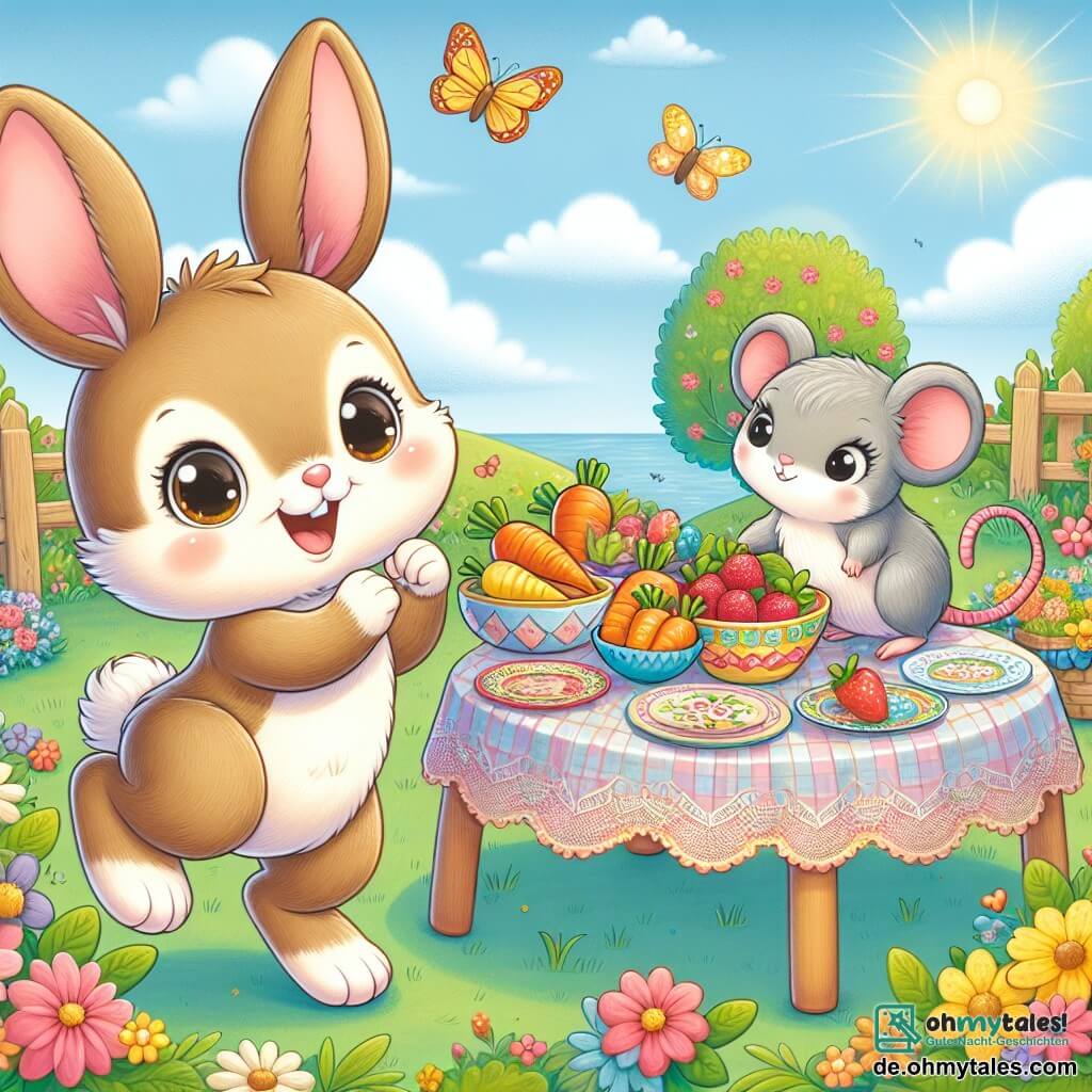 Ein kleiner Hase namens Hoppel mit weichem, braunem Fell, großen Ohren und funkelnden Augen springt vor Freude vor einem schön gedeckten Tisch in einem sonnigen Garten. Er hat ein breites Lächeln im Gesicht, das seine Aufregung über die Überraschung zeigt, die er für seine Mama vorbereitet hat. Neben ihm ist seine beste Freundin, eine kleine Maus namens Mimi mit grauem Fell und neugierigen Augen, die bunte Teller auf dem Tisch anordnet. Sie sieht konzentriert und glücklich aus, während sie sich auf die Hinterbeine stellt, um die Dekoration zu erreichen. Der Garten ist voller bunter Blumen, mit Schmetterlingen, die umherfliegen, und einem klaren blauen Himmel, der die Szene erhellt. Der Tisch ist mit einer schönen gemusterten Tischdecke bedeckt, geschmückt mit köstlichen Karotten und saftigen Erdbeeren, was eine festliche und warme Atmosphäre schafft. Die Hauptsituation zeigt Hoppel und Mimi, die eine Überraschung zum Muttertag vorbereiten, mit einer fröhlichen und freundlichen Stimmung, voller Liebe und Aufregung für den besonderen Moment, den sie organisiert haben.
