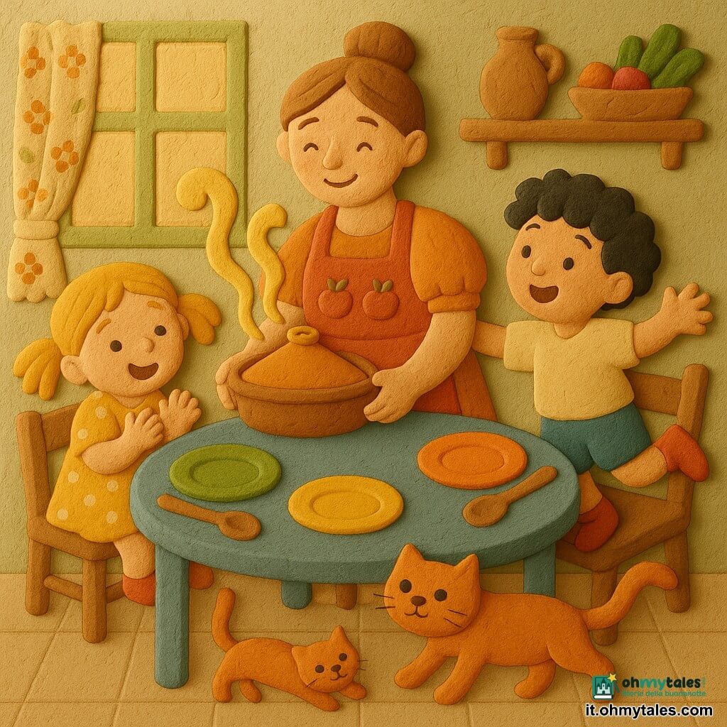 Cuoca sorridente dai capelli castano chiaro raccolti in chignon, grembiule rosso con mele ricamate, occhi grandi, tiene un grande tajine ovale in terracotta, veste con abito a maniche a sbuffo; bambino di 6 anni dai ricci neri e guance rosate salta su una sedia di legno, tende la mano verso il piatto; bambina di 5 anni con trecce bionde e vestito giallo a pois bianchi applaude gioiosa accanto al bambino, seduta a sinistra della cuoca; vecchio gatto rosso di plastilina con occhi a perla si infila sotto il tavolo con la coda a S guardando il tajine; cucina calda con muri verde mela, mensole in legno chiaro, pavimento beige, grande finestra con tende a fiori che lascia passare luce dorata, cesto di verdure colorate sul piano di lavoro; grande tavolo rotondo dipinto di blu al centro con piatti colorati e cucchiai di legno, vapore stilizzato giallo che sale dal tajine; scena conviviale e magica mentre la chef posa il tajine fumante al centro del tavolo, texture di plastilina, forme semplici e colori vivaci.