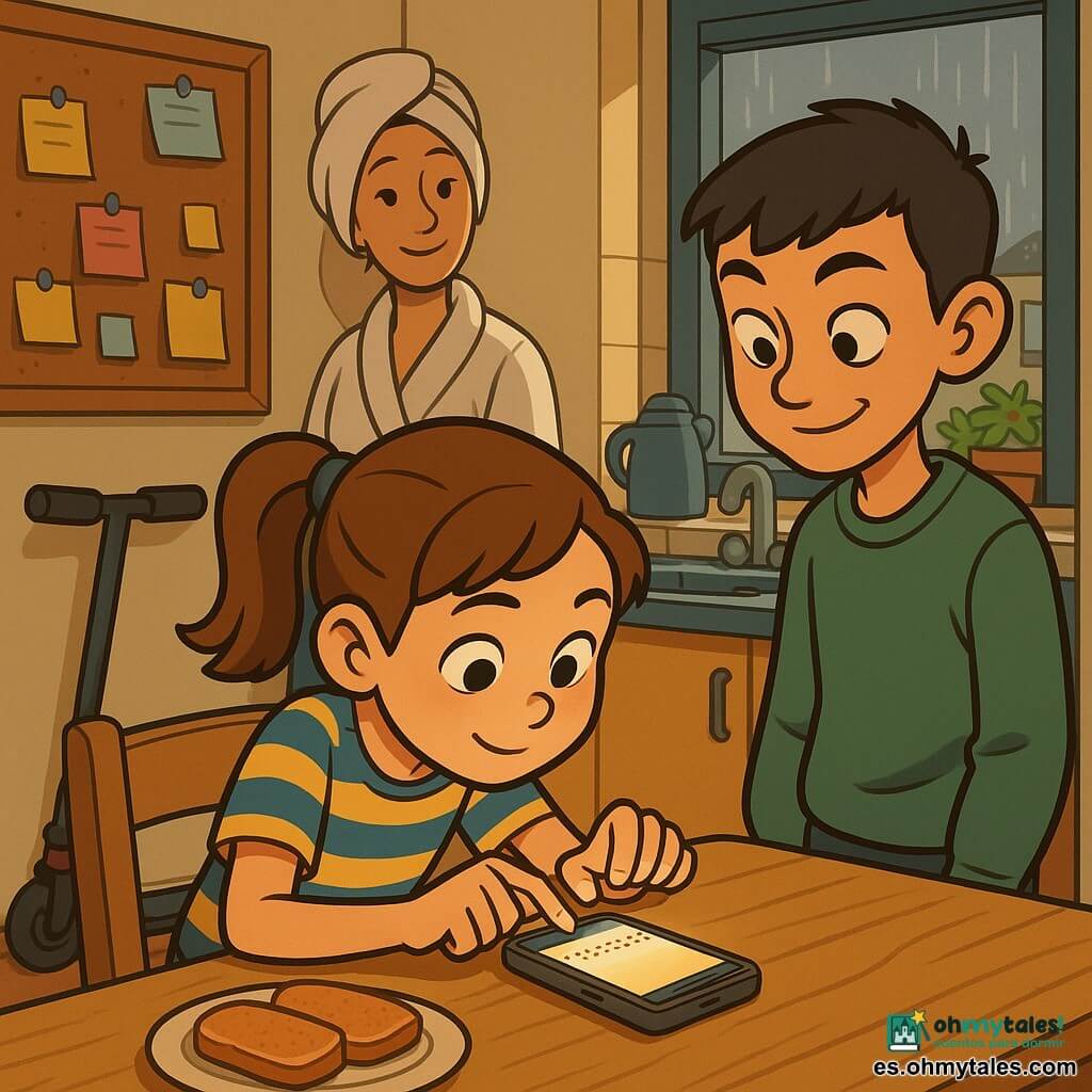 Luna, niña de 10 años, emocionada y concentrada, cabello castaño en coleta, camiseta a rayas azul y amarillo, de rodillas en la silla, intentando teclear una larga frase en el smartphone sobre la mesa; Tomás, niño de ~11 años, expresión traviesa y atenta, cabello corto negro, sudadera verde, de pie junto a ella mirando por encima del hombro, patineta apoyada en la pared; la madre, adulta, cabello húmedo en turbante de toalla, sonrisa suave y mirada orgullosa, al fondo junto al fregadero escuchando sin intervenir; cocina cálida y algo desordenada, mesa de madera clara con tostadas, smartphone encendido, tablero de corcho con post-its en la pared, balcón con macetas mojadas y gotas de lluvia en la ventana; escena principal: momento tenso y reconfortante mientras la niña introduce la contraseña larga, la luz de la pantalla ilumina sus rostros y la cerradura digital está a punto de abrirse, ambiente lluvioso y de complicidad.