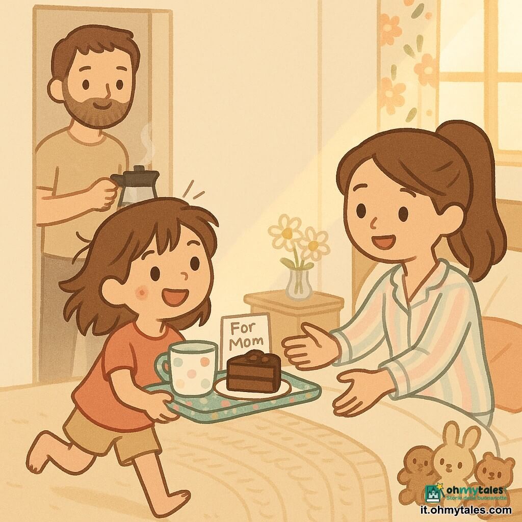 Bambina di 10 anni, gioiosa e orgogliosa, capelli castani un po' arruffati, occhi brillanti e piccola macchia di cioccolato sulla guancia, in punta di piedi con un vassoio colorato contenente una tazza a pois, una fetta di torta al cioccolato e un biglietto scritto a mano; madre circa 35 anni, sorpresa ed emozionata, capelli lunghi raccolti in coda, in pigiama a righe pastello, sdraiata sul letto a destra che sorride tendendo la mano per prendere il vassoio; padre circa 38 anni, tenero, barba leggera e t-shirt semplice, in piedi nell'anta della porta a sinistra con una caffettiera fumante osservando la scena; camera luminosa e calda con pareti color crema, tende floreali che lasciano entrare un raggio di sole dorato, coperta lavorata a maglia, cuscini colorati, un comodino con un vaso di margherite e peluche sul letto; situazione: colazione sorpresa a letto per la festa della mamma, scena tenera e un po' comica centrata sul vassoio, sguardi incrociati e sorrisi, contrasti pastello e texture di maglia e porcellana.