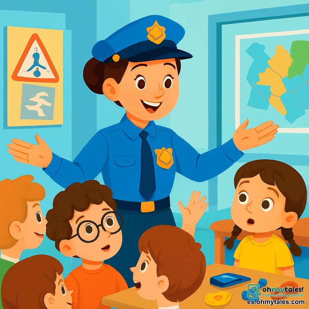 Una mujer policía sonriente, con cabello castaño recogido en un moño, lleva un uniforme azul brillante y una placa reluciente en su pecho. Está de pie, con los brazos abiertos, recibiendo alegremente a un grupo de niños. Entre ellos, un niño de 8 años, Tomás, con gafas redondas y cabello rizado, levanta la mano con curiosidad, mientras que una niña de 7 años, Clara, con trenzas y una camiseta amarilla, mira con ojos muy abiertos. Están cerca de la policía, rodeados de otros niños, todos ansiosos por aprender. La escena tiene lugar dentro de una comisaría colorida, con paredes pintadas de azul claro, carteles sobre seguridad y mapas colgados. Juguetes y placas de plástico están esparcidos sobre una gran mesa de madera. La policía explica con entusiasmo a los niños cómo actuar en caso de una situación extraña, mientras ellos escuchan atentamente, sus rostros iluminados por la emoción y la curiosidad.