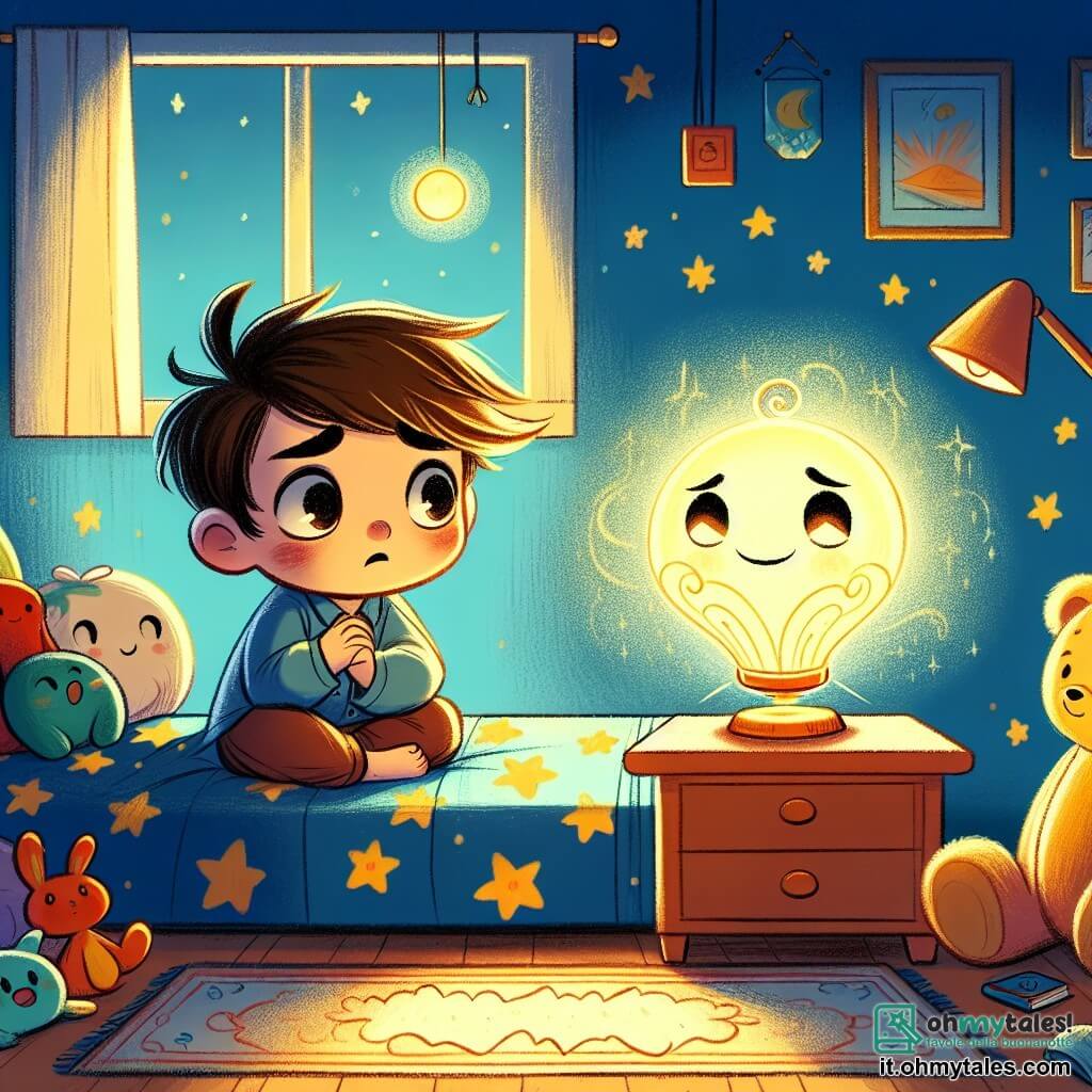 Un ragazzino di nome Marco, con i capelli castani arruffati e gli occhi brillanti di curiosità, è seduto sul suo letto, circondato da peluche. Ha un'espressione preoccupata, con le sopracciglia aggrottate e le mani serrate sulle ginocchia, mentre guarda una lampada magica che brilla dolcemente accanto a lui. La lampada, chiamata Luma, è un personaggio luminoso con un corpo a forma di nuvola e un volto sorridente. Emette una luce dorata e calda, sembrando rassicurante mentre fluttua sopra il comodino, illuminando la stanza con un bagliore tenue. La camera di Marco è decorata con pareti blu e stelle dorate, un tappeto morbido e giocattoli sparsi. La finestra è aperta, lasciando entrare una leggera brezza, e le ombre danzano sulle pareti, creando un'atmosfera magica e un po' spaventosa. La scena principale mostra Marco, un po' spaventato dal buio, mentre Luma, con la sua luce confortante, gli parla dolcemente per rassicurarlo, trasformando la paura del buio in un'avventura piena di sogni e stelle.