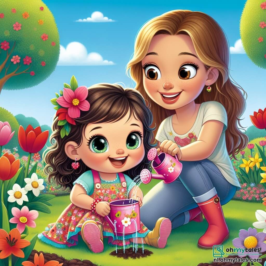 Een klein meisje van 2 jaar, Lila, met grote sprankelende ogen en krullend haar, zit in een zonnige tuin met een grote glimlach op haar gezicht. Ze draagt een kleurrijke jurk met bloemen en houdt een kleine roze gieter vast, terwijl ze de zaadjes water geeft die ze net heeft geplant. Naast haar kijkt haar moeder, een vrouw van ongeveer 30 jaar met lang bruin haar, in een lichte t-shirt en tuinbroek, trots naar haar. Ze knielt naast Lila en laat haar zien hoe ze voor de planten moet zorgen. De tuin staat vol met kleurrijke bloemen, met rode tulpen, gele narcissen en witte madeliefjes die dansen in de bries. De lucht is blauw met enkele witte wolken en een majestueuze boom staat op de achtergrond, met takken vol groene bladeren. Lila geeft enthousiast water aan haar zaadjes, terwijl haar moeder haar aanmoedigt met een warme glimlach.