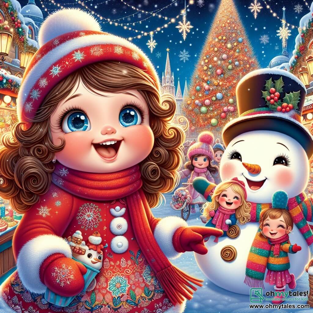 In the center of the image, a six-year-old girl named Lily has big blue eyes and curly brown hair. She wears a red scarf and matching gloves, smiling joyfully while holding her friend's hand. To her right is Emma, another girl her age with blonde hair and a colorful winter dress, laughing as she spins around. Next to them is a snowman named Frosty, with a big belly, a carrot nose, and a top hat, looking at them with a friendly smile. 

The setting is a magical Christmas market filled with colorful stalls selling sweets and decorations. Twinkling lights illuminate the area, while large snowflakes gently fall from the sky. In the background, a huge Christmas tree, decorated with garlands and shiny ornaments, stands majestically, surrounded by joyful families singing carols.

The main scene shows Lily and Emma, hand in hand, laughing and dancing around Frosty as they search for Lily's family, creating an atmosphere of joy and camaraderie in the heart of the Christmas magic.
