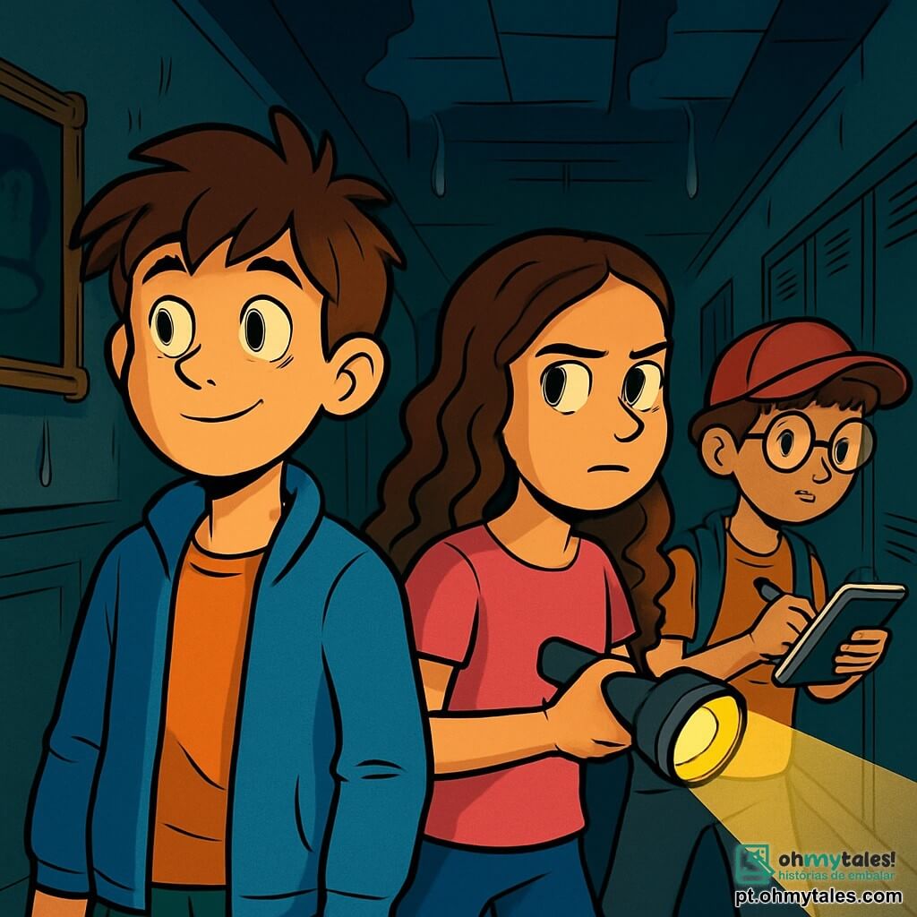Um garoto de 12 anos, Lucas, com cabelos castanhos bagunçados e vestindo uma jaqueta azul, está em um corredor escuro de uma escola. Seu rosto exibe uma expressão de intensa curiosidade, com olhos arregalados e um leve sorriso de excitação. Ao seu lado, Mariana, uma garota de 12 anos com cabelos longos e cacheados, usa uma camiseta rosa e segura uma lanterna na mão, olhando ao redor com um ar determinado. Um pouco mais adiante, Pedro, um garoto de 12 anos com óculos redondos e um boné vermelho, segura um caderno e parece estar anotando, concentrado em sua investigação. O corredor é decorado com velhos quadros e armários de metal, com sombras projetadas pela luz tremulante da lanterna. Gotas de água caem do teto, adicionando uma atmosfera misteriosa à cena. Lucas, Mariana e Pedro estão explorando a sala dos professores, intrigados por uma luz misteriosa que brilha no fundo da sala, prontos para descobrir o segredo escondido da escola, com suas lanternas iluminando o caminho à frente.