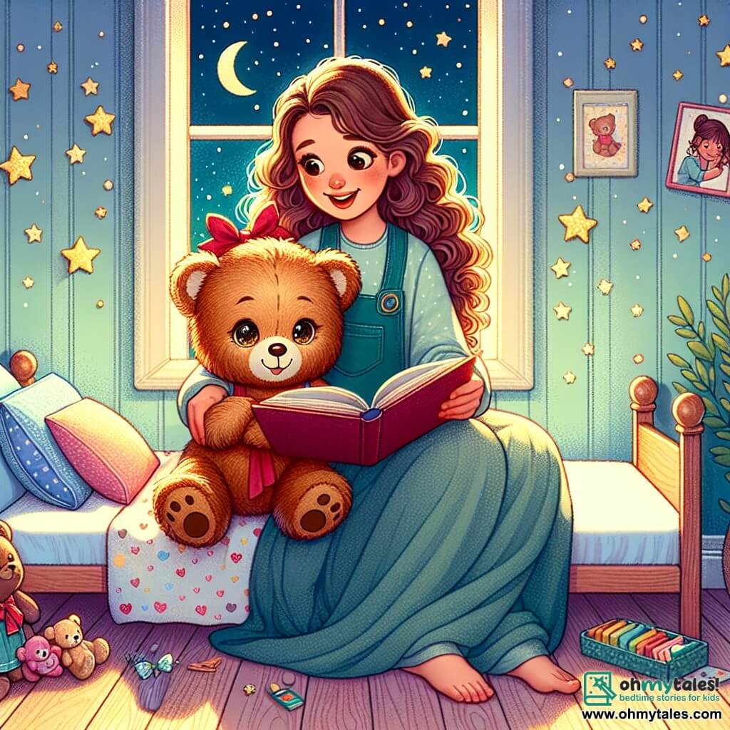 Mia, a two-year-old girl with big bright eyes and curly hair, is sitting on her bed holding her teddy bear, Mr. Cuddles, a brown stuffed bear with a red bow around its neck. Beside her, her mother, a smiling woman in her thirties with long brown hair, sits on the edge of the bed reading a story, softly illuminated by light on her face. Mia's room is cozy, with pastel blue walls, golden stars stuck to the ceiling, and colorful toys scattered on the floor. A window lets in moonlight, casting soft shadows on the floor. The main scene shows Mia and her mother sharing a tender moment as the mother tells a story to ease Mia's fear of the dark, surrounded by a magical atmosphere where stars twinkle outside, turning the night into a sweet dream.