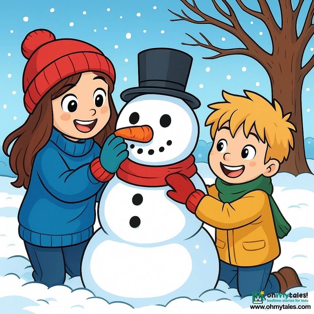 A 10-year-old girl, Mila, with long brown hair and rosy cheeks, joyfully smiles while building a snowman. She wears a big blue sweater, a red hat, and colorful gloves, her eyes shining with excitement. Next to her, her 6-year-old little brother Jonas, with messy blonde hair and a mischievous smile, holds a large piece of carrot for the snowman's nose. They are in a peaceful garden covered with a thick layer of sparkling snow under a clear blue sky, with an old oak tree with bare branches in the background. The scene shows Mila and Jonas laughing and playing, surrounded by gently falling snowflakes, creating a joyful winter atmosphere.