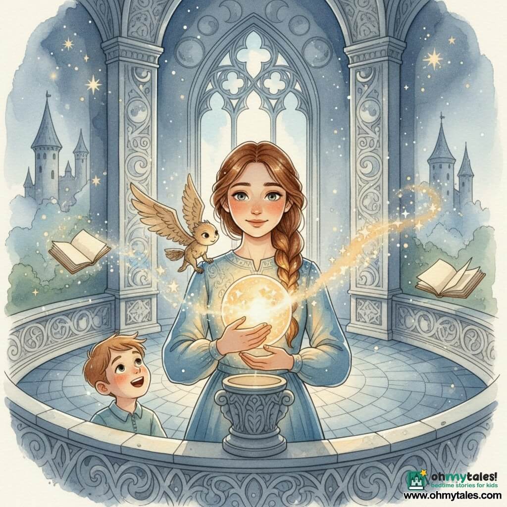 A young woman with braided chestnut hair, a soft face and bright eyes holds against her chest a glowing crystal orb that emits star-like filaments, her expression amazed and serene in warm light; a small parchment creature named Quill with page-like wings and ink-black eyes perches on her shoulder, fluttering as if whispering stories; a seven-year-old boy stands on a stone balcony below, mouth open in admiration, lit by the orb's starlight. The chamber is tall and round with smooth stone walls engraved with lunar motifs, a blue-gray mosaic floor and a pointed arched window letting in silver moonlight; the orb floats above a carved pedestal in a magical, historic atmosphere with distant medieval towers and falling star-dust. Palette: soft watercolor tones—midnight blues, silver, warm ochres and a touch of gold—wet textures, transparent washes, delicate contours; mood calm, wondrous and intimate, blending historic architecture with fairy touches.