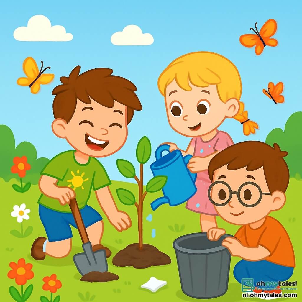 Een 6-jarig jongetje, Tim, met rommelig bruin haar en een grote blije glimlach, is een klein boompje aan het planten in een zonnige tuin. Hij draagt een felgroen t-shirt met een zonnetje en een blauwe short. Naast hem staat zijn beste vriendin Anna, een 6-jarig meisje met gevlochten blond haar en een roze bloemenjurk, die een gieter vasthoudt en hem helpt water te geven aan de boom. Een andere vriend, Sam, een 6-jarig jongetje met een bril en kastanjebruin haar, zit bij hen in de buurt en raapt afval op in de tuin met een grote vuilnisbak in zijn hand. De tuin is vol met kleurrijke bloemen, vlinders die rondvliegen en een mooi groen gazon. Op de achtergrond is er een helderblauwe lucht met enkele donzige witte wolken. De hoofdsituatie toont Tim en zijn vrienden die enthousiast samenwerken om de boom te planten en de tuin op te ruimen, wat hun inzet voor het beschermen van de natuur illustreert.
