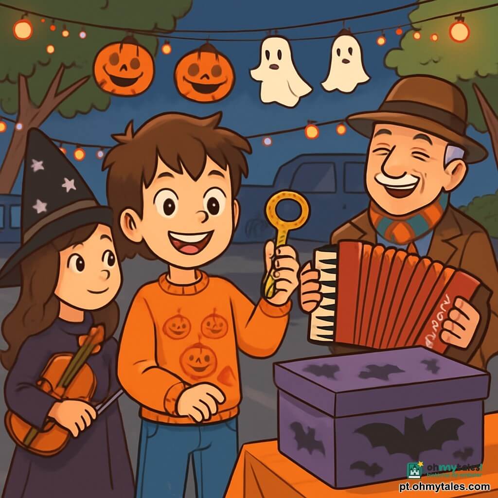 Um garoto de 10 anos, Tomás, com cabelos castanhos bagunçados e um grande sorriso brilhante, está no centro de um estacionamento decorado para o Halloween. Ele usa um suéter laranja vibrante com estampas de abóboras e jeans desgastados. Seus olhos brilham de excitação enquanto segura uma chave dourada na mão. Ao lado dele, Clara, uma menina de 9 anos com cabelos longos e cacheados, usa um chapéu de bruxa preto enfeitado com estrelas prateadas. Ela observa Tomás com um olhar admirado, segurando um violino sob o braço. Um homem idoso, o Sr. Bento, com um chapéu de feltro e um cachecol colorido, toca acordeão, sorrindo calorosamente para as crianças. O estacionamento é iluminado por luzes laranjas e roxas, com abóboras esculpidas com rostos sorridentes e decorações de fantasmas de papel penduradas nas árvores. Mesas estão cobertas de doces de Halloween, e o ar está cheio de um perfume doce de maçãs caramelizadas. A cena mostra Tomás, cercado por seus amigos, abrindo uma grande caixa misteriosa adornada com padrões de morcegos, enquanto a música alegre dos músicos ressoa ao redor, criando uma atmosfera festiva e mágica.