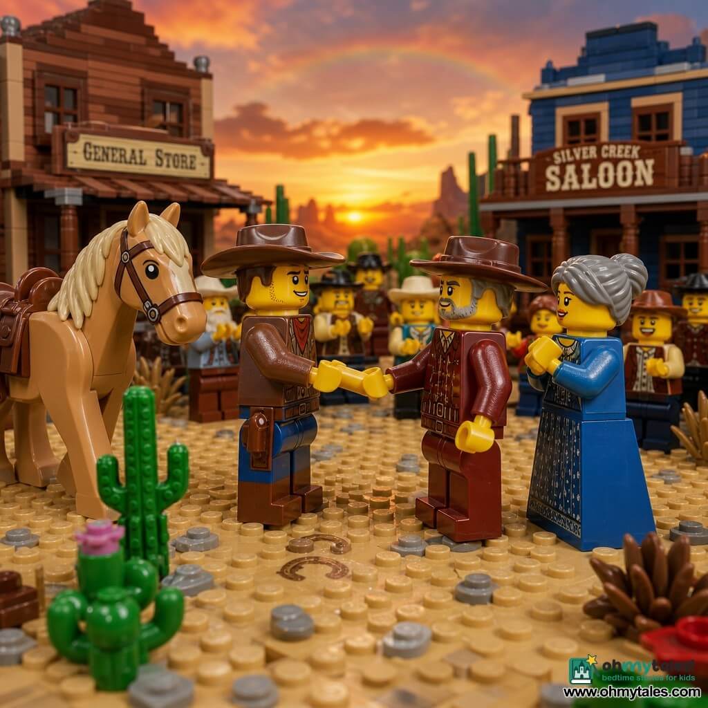 A 30-year-old cowboy with a square face, bright eyes, determined brows, wide brown hat, brown leather jacket and dusty boots smiles confidently as he reaches to shake hands with a wary 50-year-old rancher in dark red attire whose crossed arms relax; beside them stands a relieved 48-year-old woman with gray hair in a bun and a simple blue dress, and behind the cowboy a large light-brown horse named Dusty with a blonde mane and visible leather saddle; the handshake takes place at sunset in a small dusty town square with two wooden storefronts, cacti and sandy ground with hoofprints, a faint rainbow and orange sky, and miniature LEGO residents clapping in the warm, richly textured plastic-brick scene.