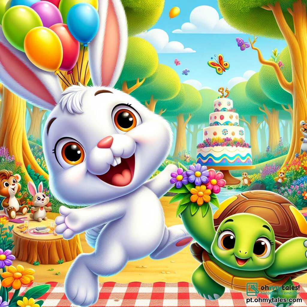 O Coelhinho Tico, um pequeno coelho de grandes orelhas e pelagem branca, está pulando de alegria, com um grande sorriso no rosto. Seus olhos brilham de excitação enquanto ele segura um buquê de flores coloridas com suas pequenas patas. Ao seu lado, a Tartaruga Tati, uma tartaruga de carapaça verde e olhos doces, sorri entusiasticamente, segurando balões coloridos que flutuam no ar. A cena acontece na Floresta dos Sorrisos, um lugar mágico cheio de árvores com troncos dourados e flores vibrantes que dançam ao vento, sob um céu azul brilhante. Ao longe, vê-se um grande bolo de festa decorado com flores, colocado sobre uma toalha xadrez, cercado por animais alegres. A situação principal mostra Tico e Tati preparando uma surpresa para o Coelho Caramelo, o pai de Tico, que chega com um ar curioso, pronto para descobrir a festa do Dia dos Pais que seus amigos organizaram para ele.