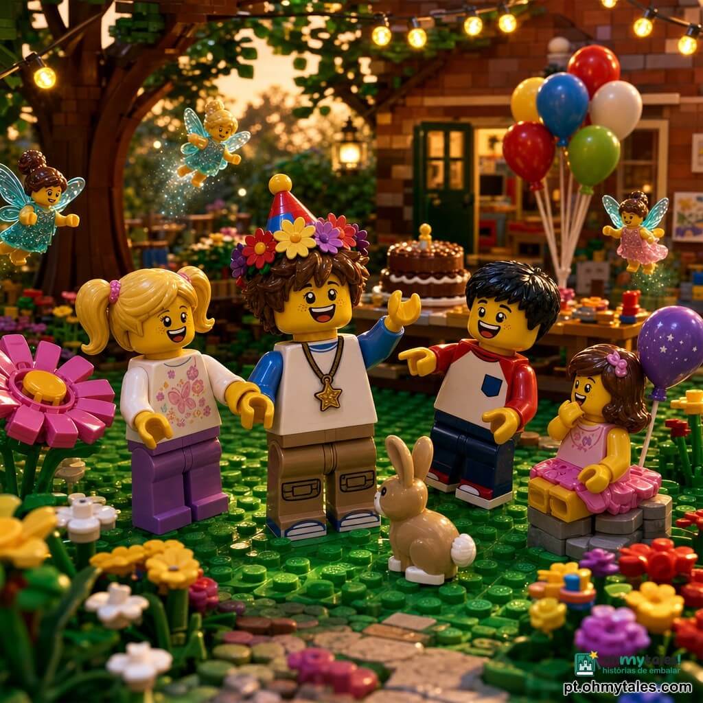 Um menino de 6 anos, alegre e deslumbrado, cabelo castanho desgrenhado, usa um chapéu e uma coroa de flores de papel, segura um pendente de estrela e ergue a outra mão como se convidasse a dançar; uma menina, Sofia, ~6 anos, cabelo loiro em maria-chiquinhas, ri e segura a mão do menino à esquerda, perto de uma flor gigante; um menino, Miguel, ~6 anos, pele clara e cabelo preto curto, ri apontando um coelhinho à direita; uma menina pequena, Flor, ~3 anos, cabelo castanho, veste um vestido rosa, segura um balão e observa o menino sentada numa pedra baixa; fadas minúsculas de tijolos com asas translúcidas azul-claro e vestidos cintilantes rodopiam numa clareira de flores coloridas; ambiente: jardim/clareira atrás de uma casa de tijolos, relva verde, grandes árvores, guirlandas de luzes amarelas e uma mesa com bolo de chocolate e balões multicoloridos; cena principal: festa de aniversário mágica, crianças dançando com fadas numa clareira iluminada, expressões felizes, cores vivas e atmosfera acolhedora e encantada; estilo visual: diorama LEGO detalhado com peças visíveis, texturas nítidas e luz dourada do pôr do sol, composição centrada no menino de 6 anos.