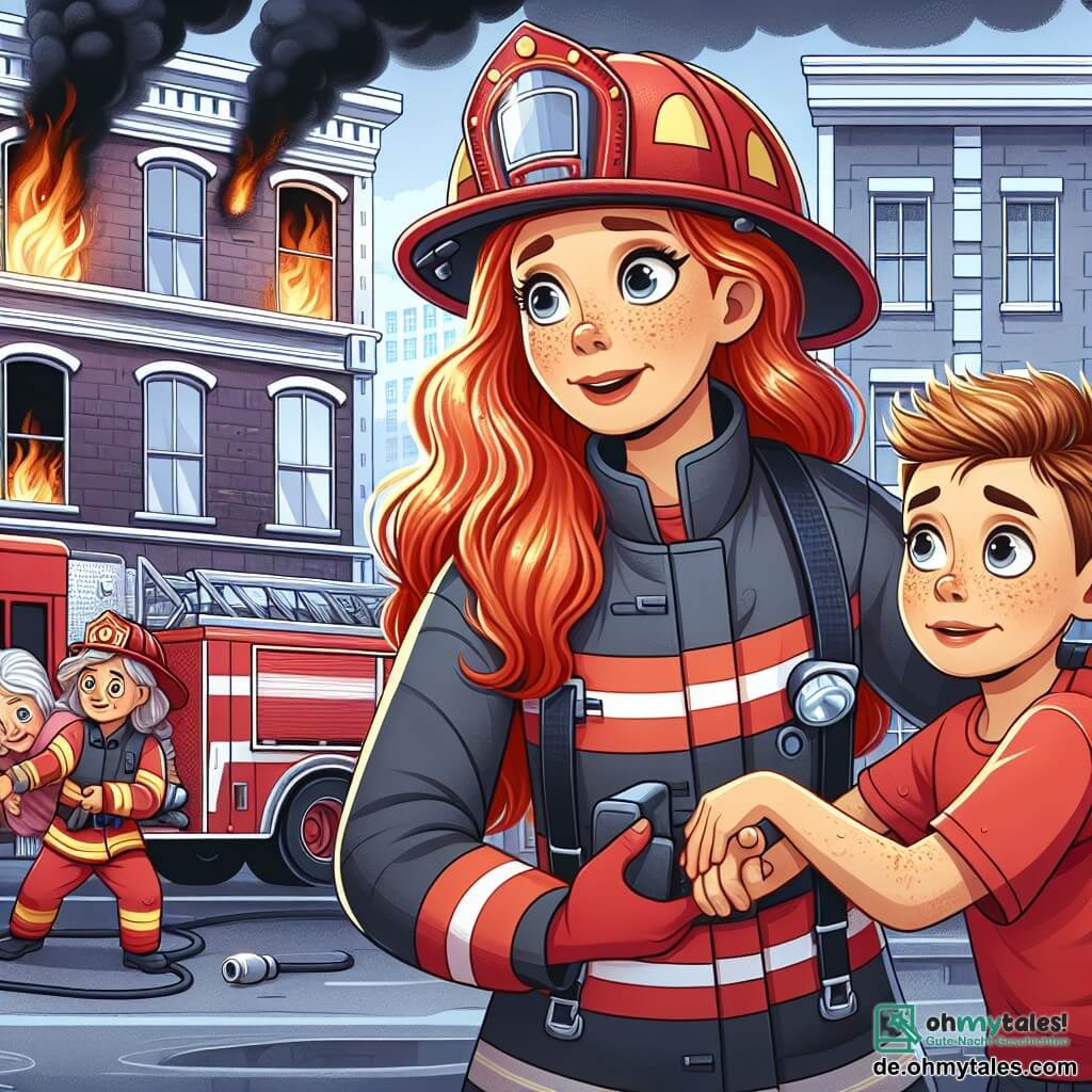Eine Feuerwehrfrau, Anna, steht im Vordergrund mit glänzendem roten Haar, trägt eine leuchtend rote Uniform und einen Sicherheitshelm. Sie hat einen entschlossenen und mutigen Gesichtsausdruck, während sie einer alten Dame hilft, aus einem brennenden Gebäude zu kommen. Neben ihr schaut ein etwa 10-jähriger Junge mit Sommersprossen und einem roten T-Shirt bewundernd mit weit aufgerissenen Augen zu, während er die Hand seiner besorgten, aber dankbaren Mutter hält, die etwas im Hintergrund steht. Der Ort ist ein städtisches Viertel mit einem zweigeschossigen Gebäude im Hintergrund, dessen Fenster von schwarzem Rauch umgeben sind, während Flammen im Inneren tanzen. Im Hintergrund sind Feuerwehrleute um ein großes rotes Feuerwehrfahrzeug beschäftigt, mit ausgerollten Schläuchen und blinkenden Lichtern. Die Hauptsituation zeigt Anna, die die alte Dame rettet, während der Junge und seine Mutter die Szene beobachten, was den Mut und den Teamgeist der Feuerwehrleute in der Notlage veranschaulicht.