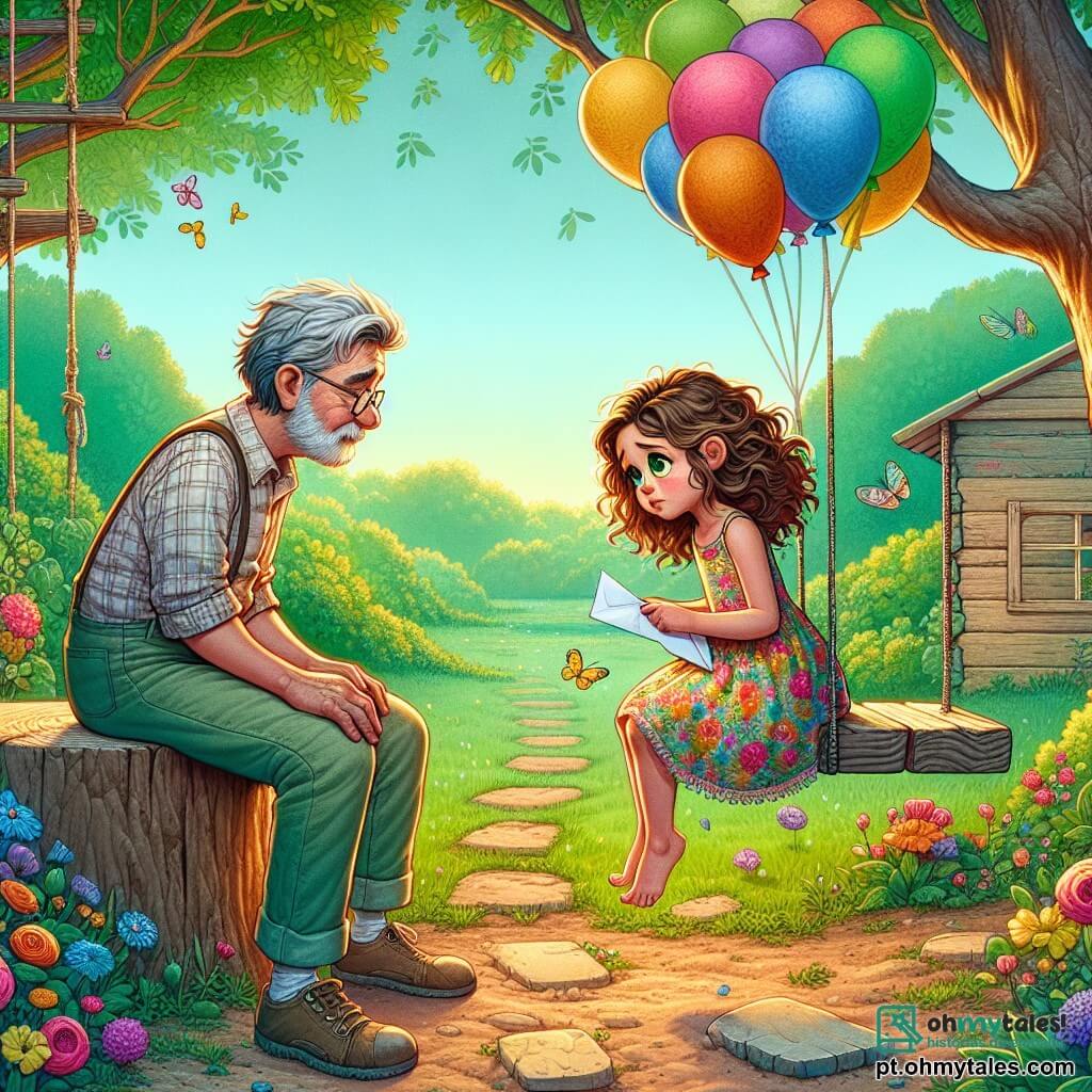 No centro da imagem, uma menina de 12 anos, Clarinha, com cabelos cacheados e castanhos, olhos brilhantes mas tristes, está sentada em um pequeno balanço de madeira, com as mãos sobre os joelhos. Ela usa um vestido colorido e seus pés mal tocam o chão, simbolizando seu sentimento de perda e nostalgia. Ao lado dela, seu avô, um homem idoso com cabelos grisalhos e barba bem cuidada, a observa com carinho. Ele veste uma camisa xadrez e calças de tecido, inclinado levemente para frente, pronto para oferecer conforto. Ao fundo, o jardim do avô está em plena floração, com flores vibrantes de várias cores, um grande carvalho majestoso à direita e uma cabana de madeira inacabada visível, simbolizando lembranças de aventuras compartilhadas. A cena retrata Clarinha, perdida em seus pensamentos, segurando uma carta nas mãos, enquanto balões coloridos sobem suavemente ao céu, representando as memórias e o amor eterno que ela guarda por seu amigo falecido, Miguel.