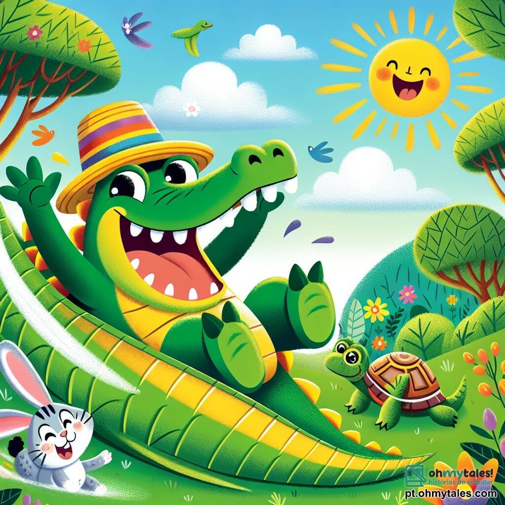 Um crocodilo feliz com um grande sorriso e um chapéu colorido, deslizando sobre uma folha verde em uma floresta ensolarada. Suas escamas brilham em um verde vibrante e seus olhos brilham de travessura. Ao lado dele, um coelhinho travesso com grandes orelhas brancas, pulando de alegria, e uma tartaruga com o casco listrado, que observa com um sorriso divertido. O fundo mostra árvores majestosas com folhas luxuriantes, flores coloridas e um céu azul salpicado de nuvens fofas. A cena retrata Croco deslizando com entusiasmo, enquanto os outros animais riem e aplaudem, criando uma atmosfera de festa e camaradagem.