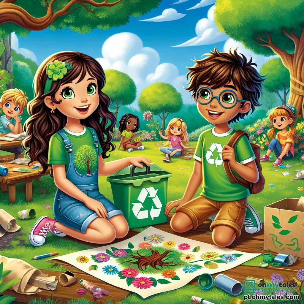 Clara, uma menina de 12 anos, tem grandes olhos brilhantes e cabelos castanhos ondulados, vestindo uma camiseta verde com um desenho de árvore e um short de jeans. Ela está sorridente e determinada, segurando um cartaz feito à mão que diz "Protejamos nosso planeta!". Ao lado dela, Lucas, um menino de 12 anos com óculos e cabelos loiros bagunçados, segura uma caixa de reciclagem, olhando para Clara com admiração. Um pouco mais longe, Ana, uma menina de 11 anos com cabelos negros trançados, está desenhando flores em uma grande folha de papel, sentada na grama. A cena acontece em um parque verdejante, com árvores majestosas, flores coloridas e um céu azul com nuvens brancas. Ao fundo, vê-se um pequeno grupo de crianças brincando juntas. A situação principal mostra Clara e seus amigos reunidos em uma grande mesa de madeira, discutindo entusiasticamente suas ideias para proteger o meio ambiente, cercados por materiais de reciclagem e desenhos de plantas, todos movidos por um sentimento de esperança e compromisso com seu planeta.